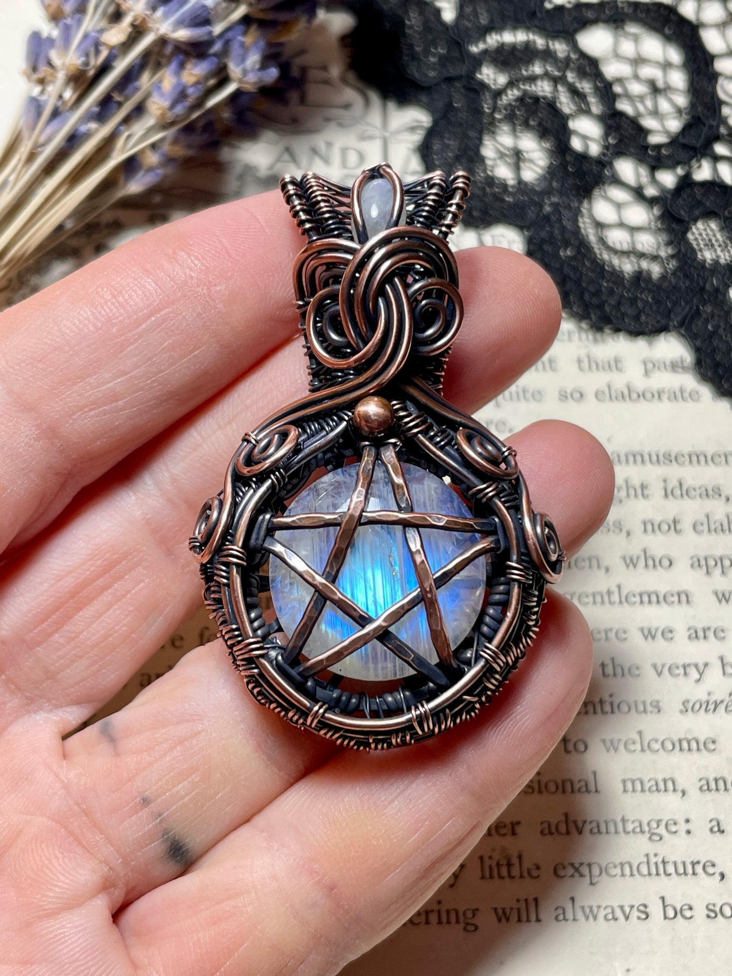 Rainbow Moonstone Pentacle Pendant in Copper