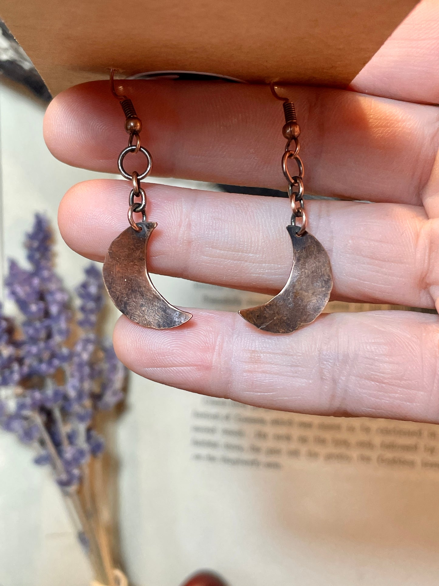 Crescent Moon Earrings in Antiqued Copper