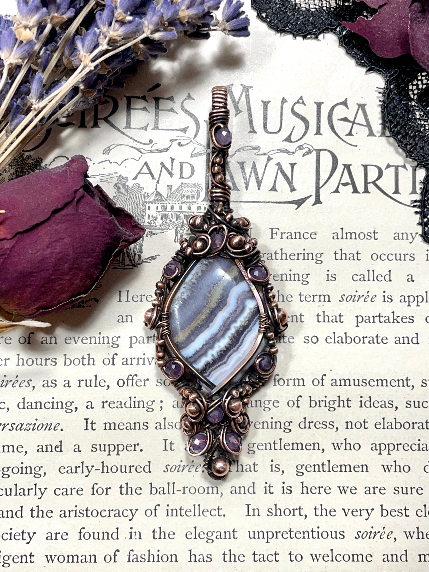 Amethyst Lace Agate Pendant in Copper