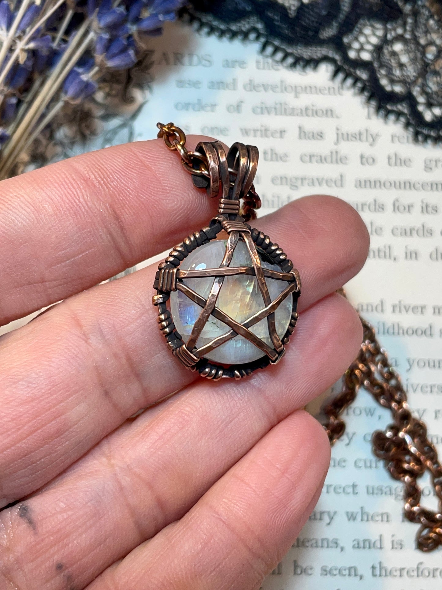 Moonstone (Rainbow Moonstone) Mini Pentacle Pendant in Antiqued Copper