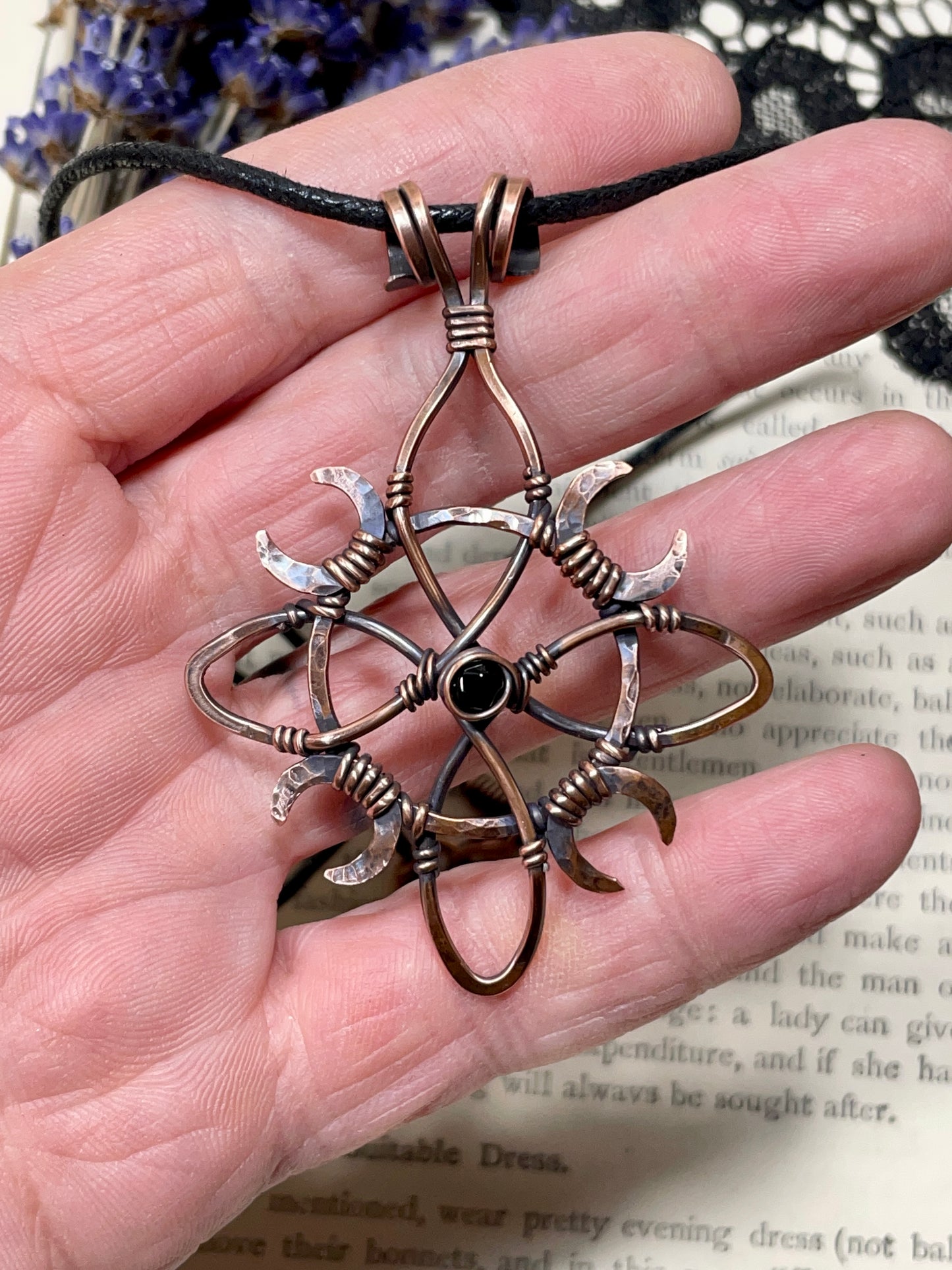 Onyx Witches Knot Pendant in Antiqued Copper