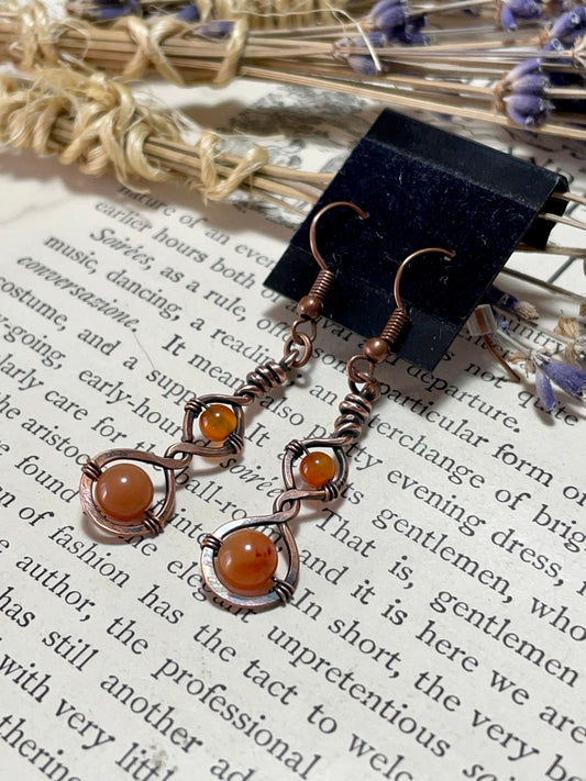 Carnelian Earrings in hammered copper