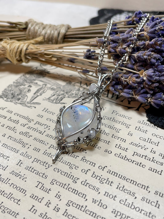 Moonstone (Rainbow Moonstone) Pendant in Stainless Steel