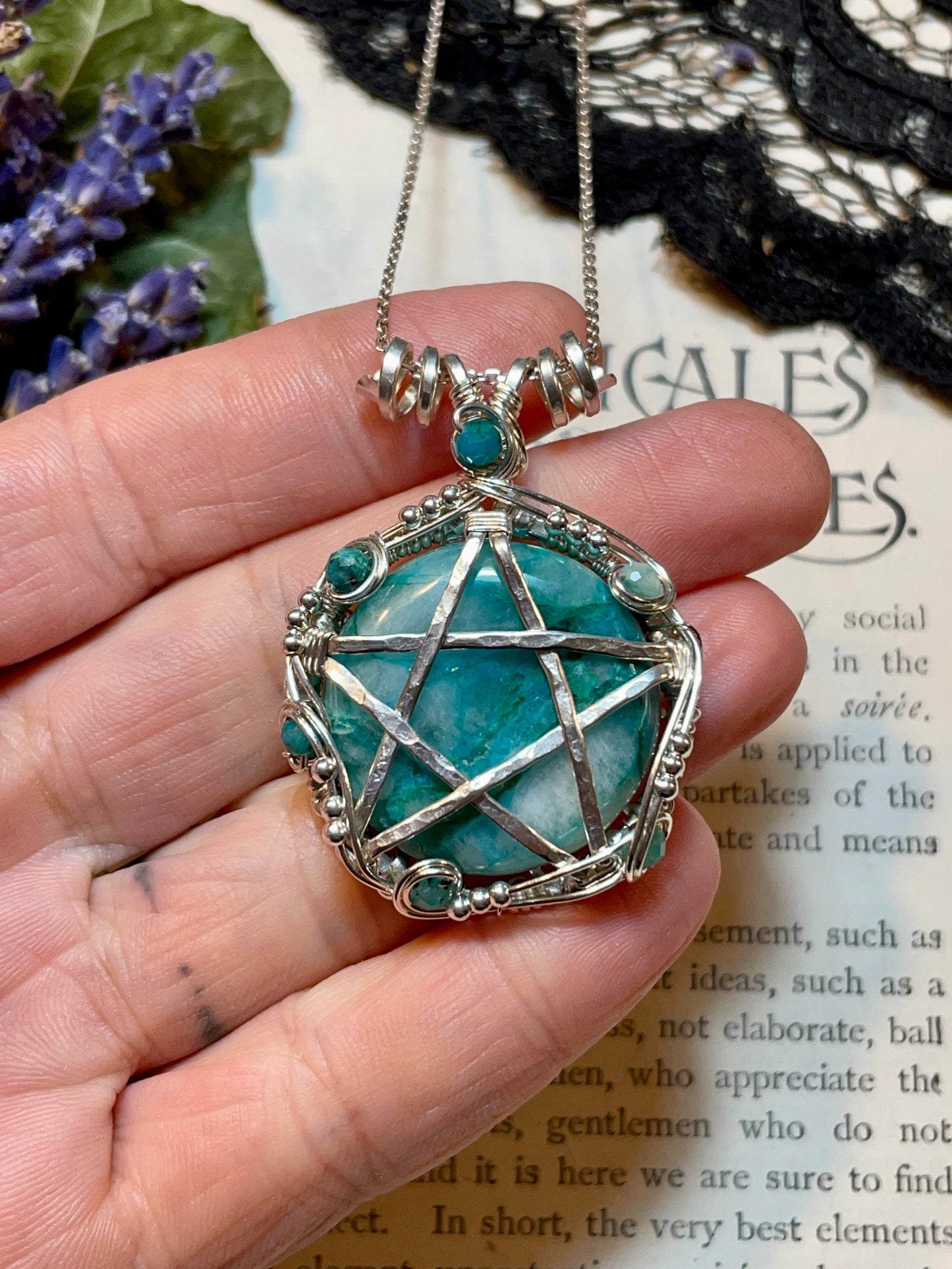 Chrysocolla Quartz Pentacle Pendant in Sterling Silver