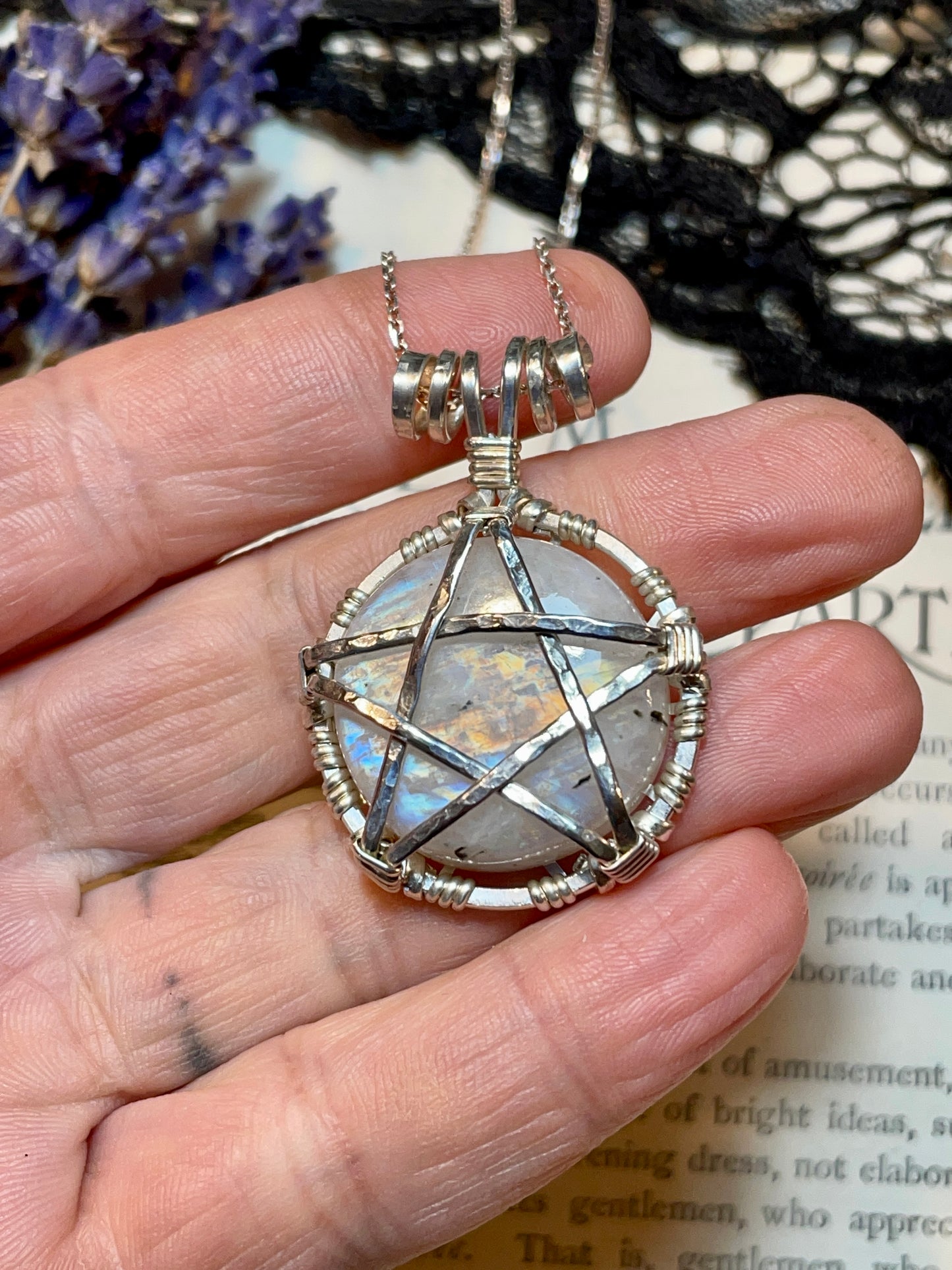 Moonstone (Rainbow Moonstone) Pentacle Pendant in Sterling Silver