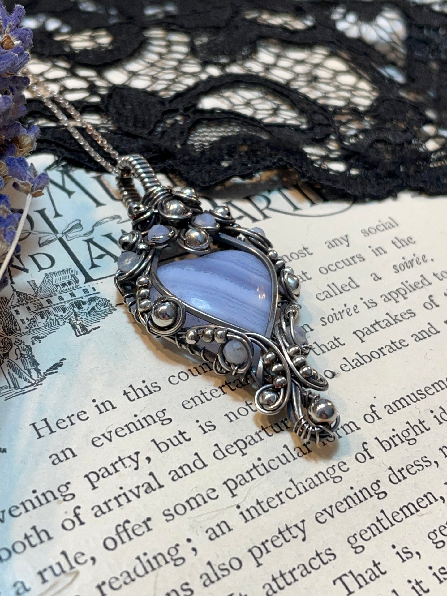 Blue Lace Agate Heart Pendant in Sterling Silver