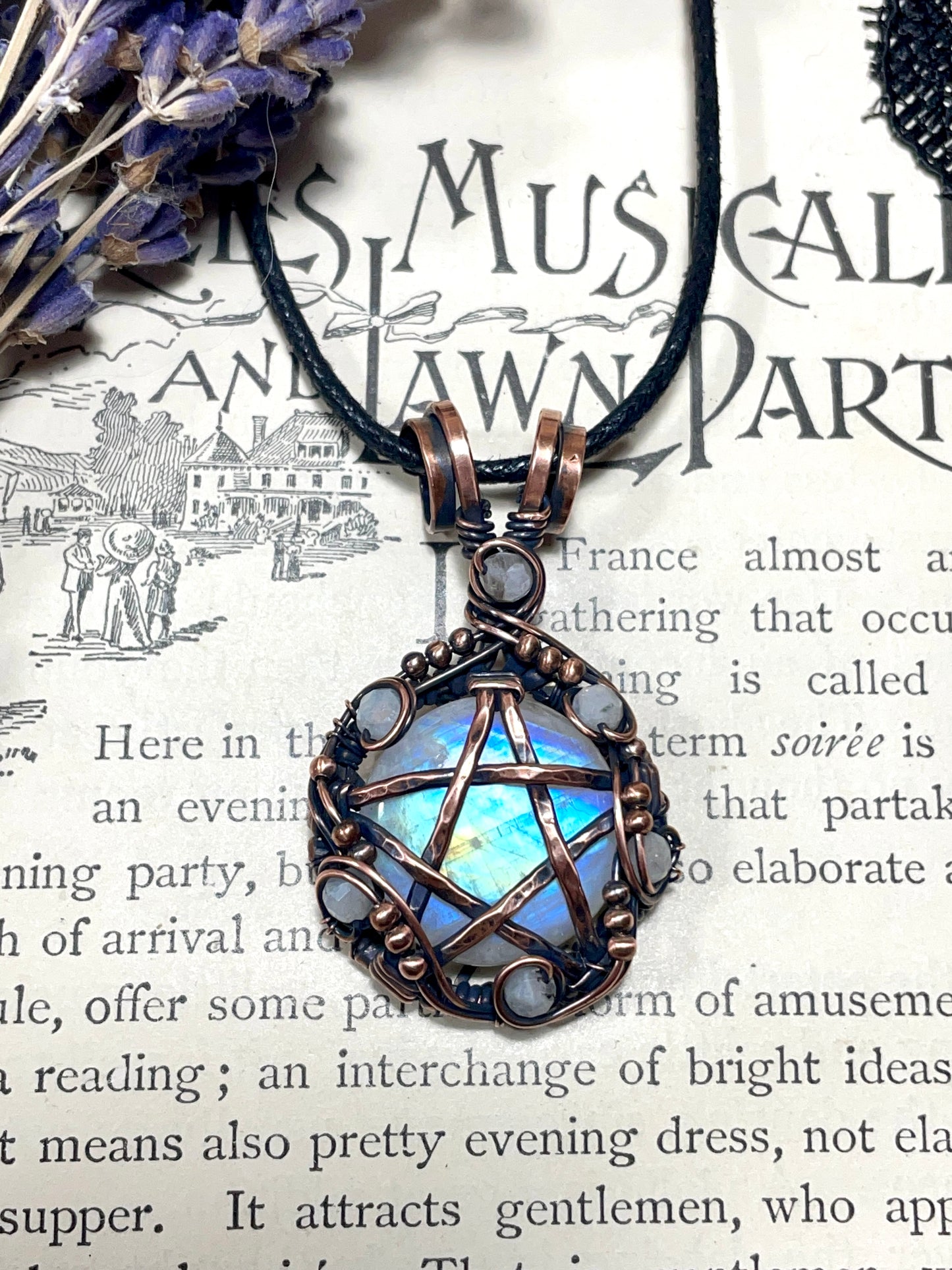 Moonstone (Rainbow Moonstone) Pentacle Pendant in Copper