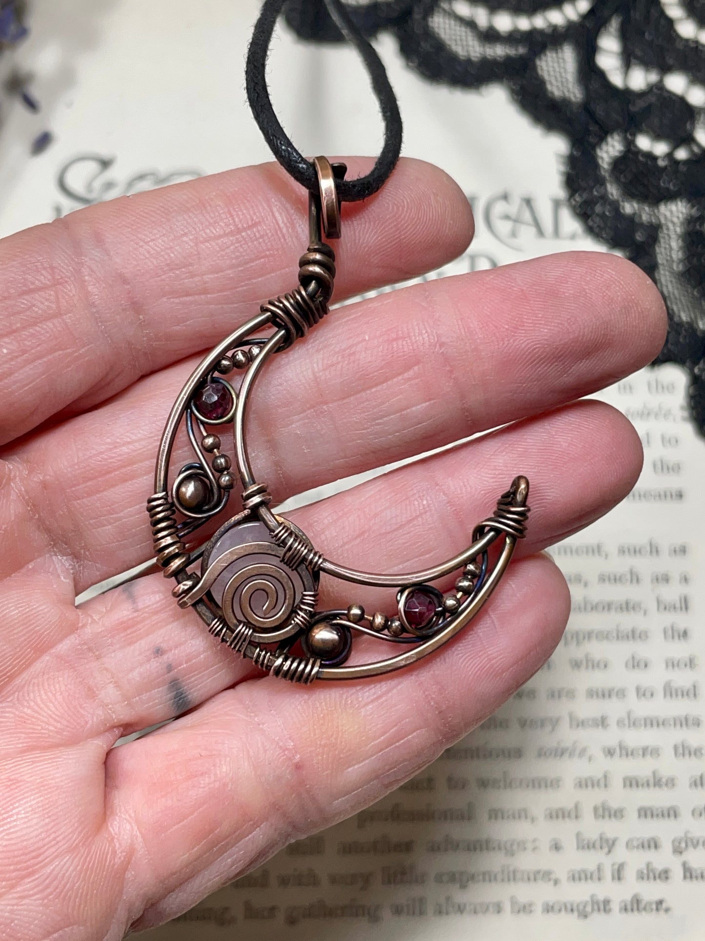 Rose Quartz & Garnet Crescent Moon Pendant in Copper