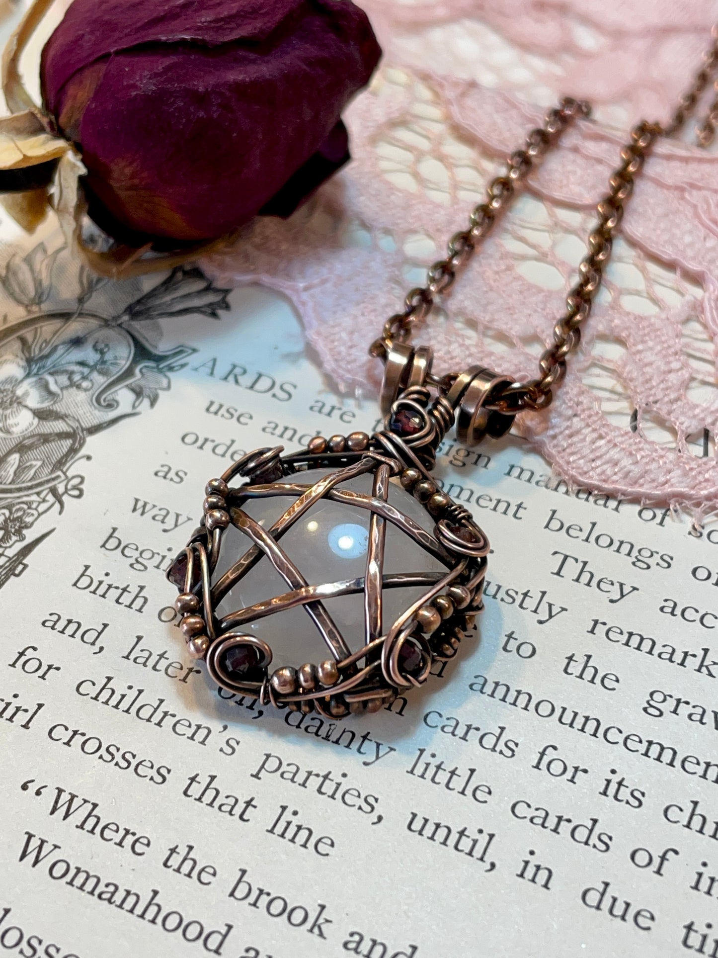 Rose Quartz and Garnet Pentacle Pendant in Copper