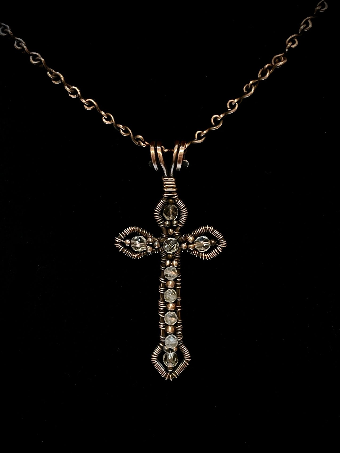 Quartz Gothic Cross Pendant in Antiqued Copper
