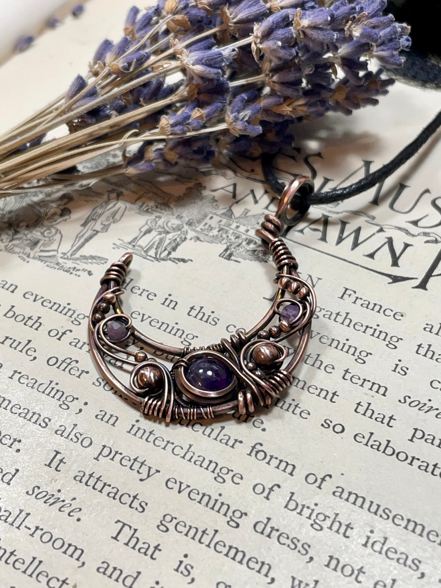 Amethyst Crescent Moon Pendant in Copper