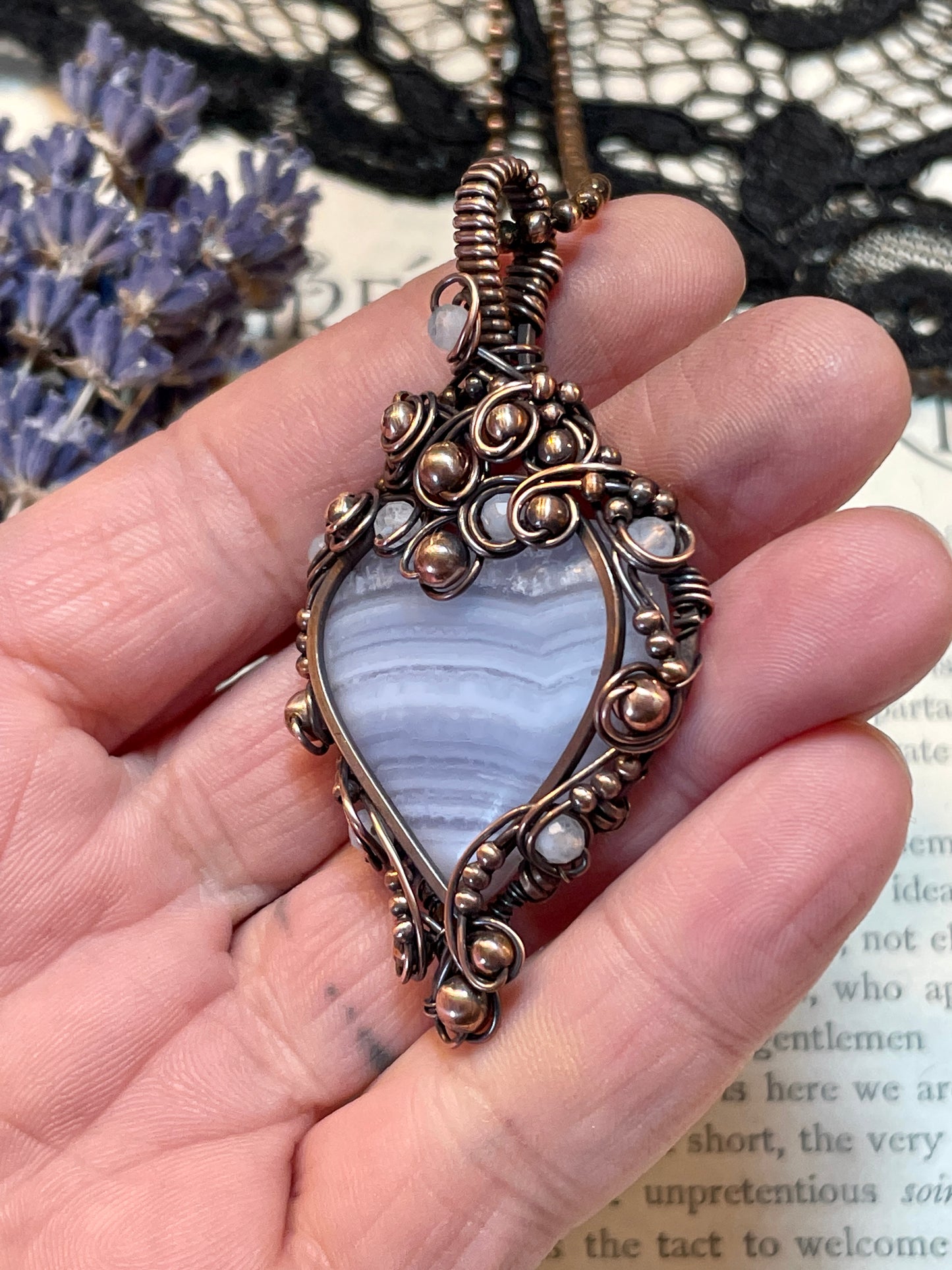 Blue Lace Agate Heart Pendant in Copper