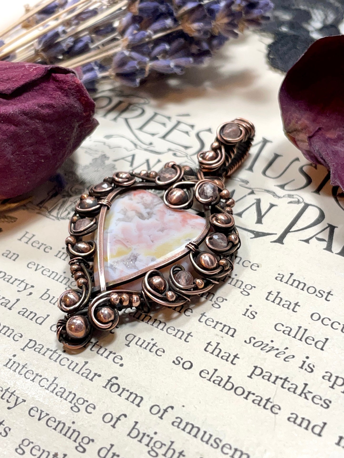 Agate (Pink Agate) Heart Pendant in Copper
