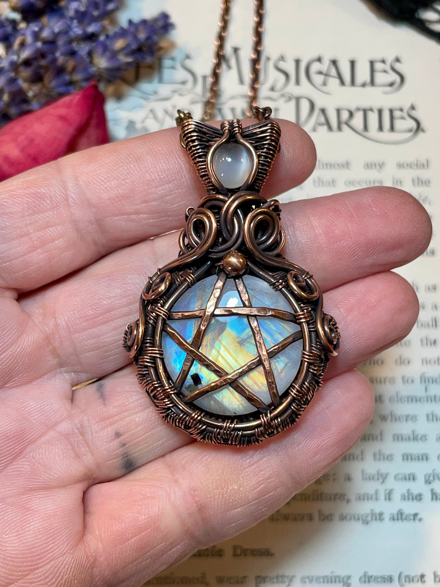 Moonstone (Rainbow Moonstone) Pentacle Pendant in Copper