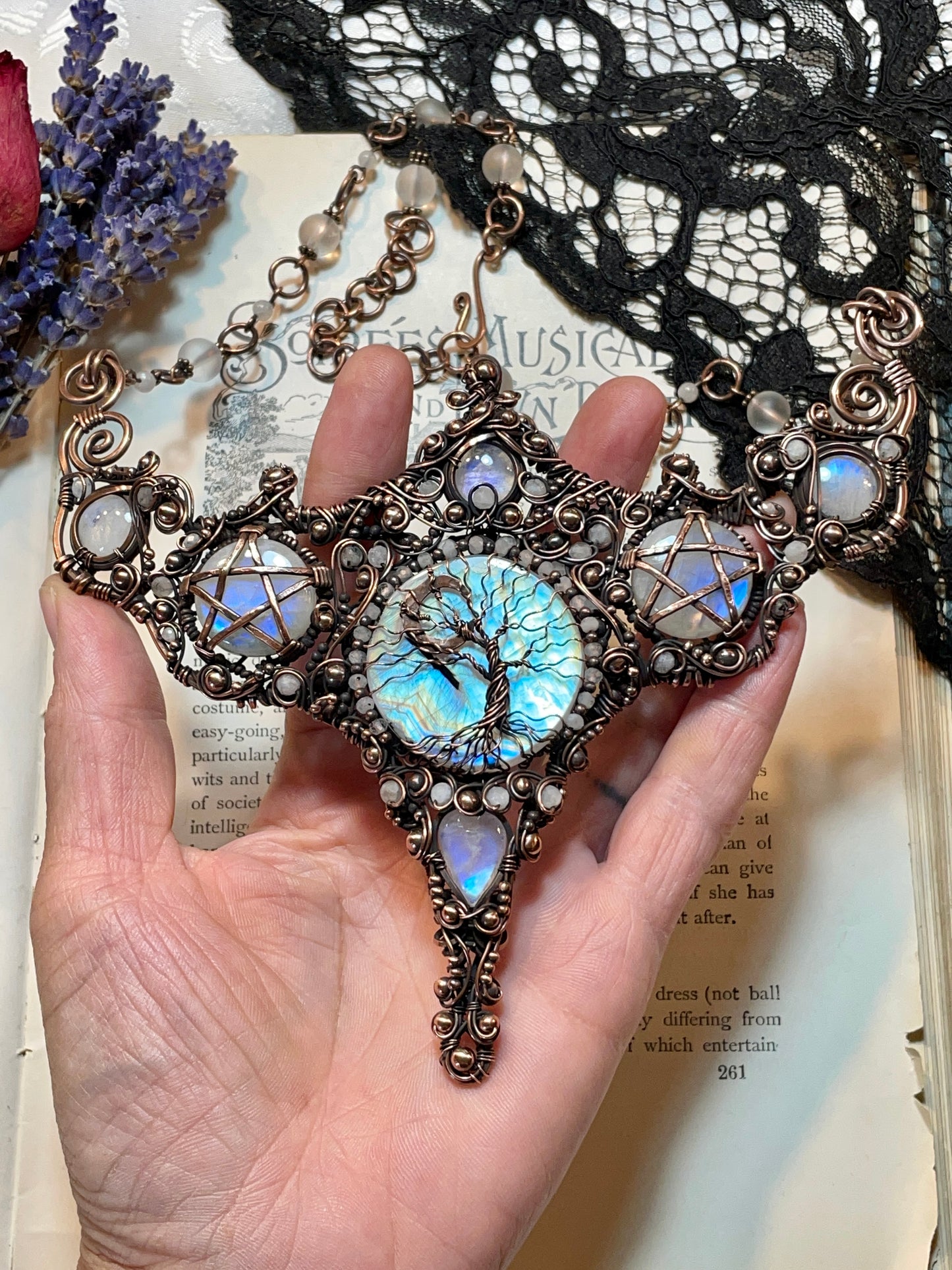 Moonstone (Rainbow Moonstone) Tree of Life Pentacle Collar in Copper (Matching Earrings included)