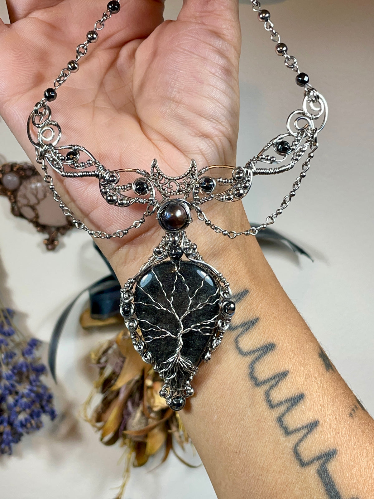 Obsidian (Silver Sheen Obsidian) Tree of Life Collar in Stainless Steel
