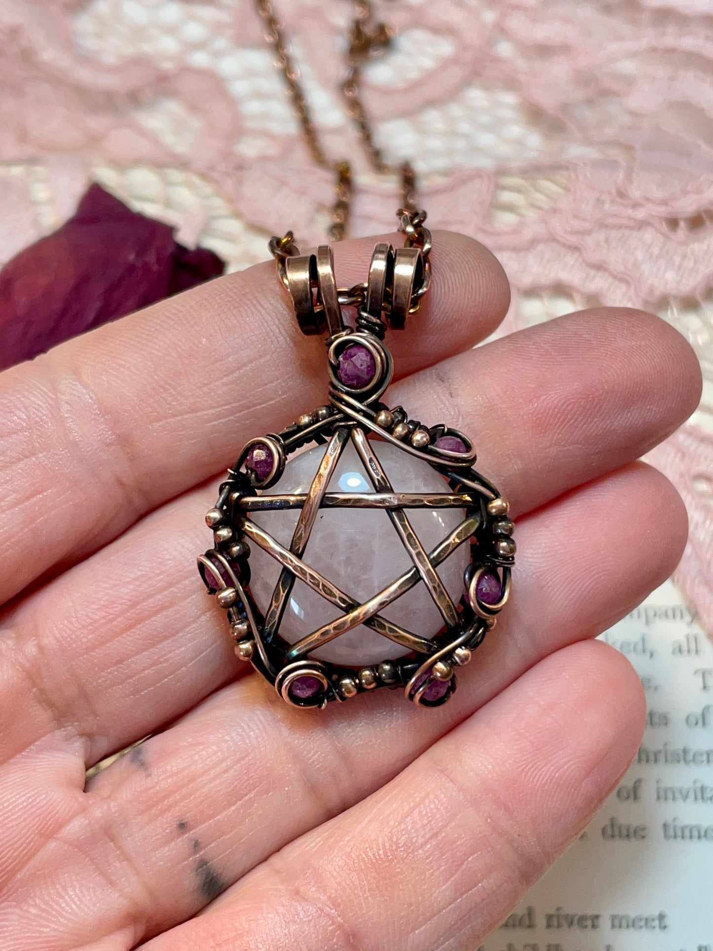 Rose Quartz and Ruby Pentacle Pendant in Copper #1