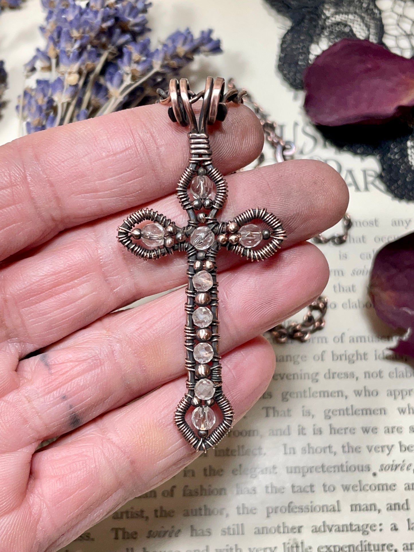 Quartz Gothic Cross Pendant in Antiqued Copper