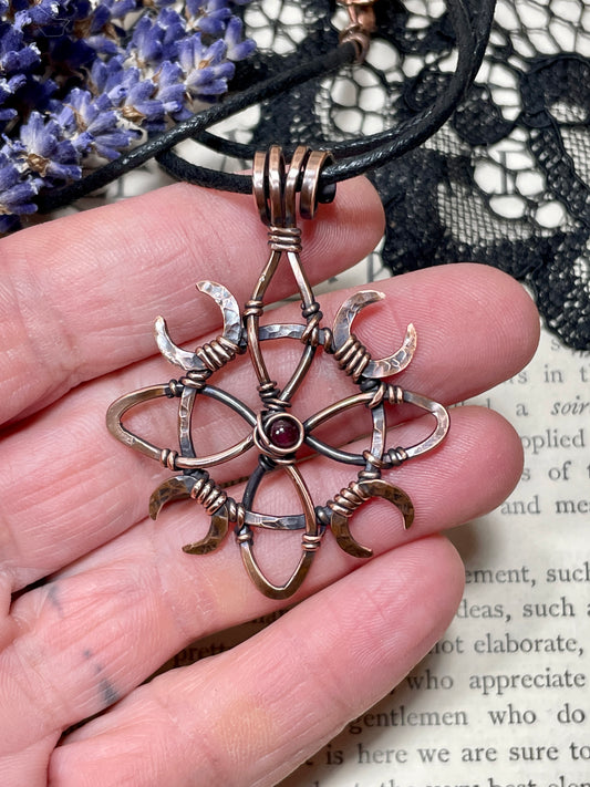 Garnet Witches Knot Pendant in Antiqued Copper
