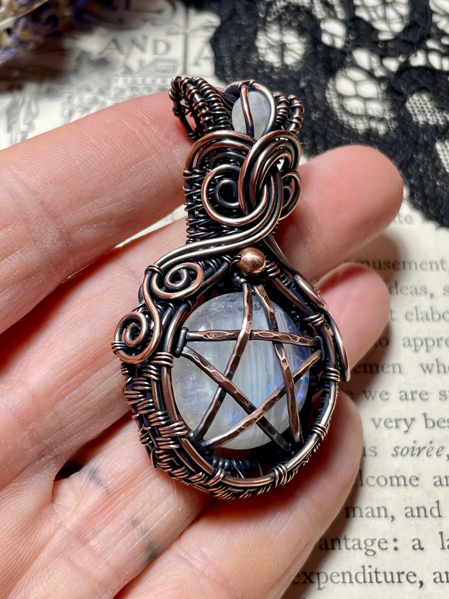 Rainbow Moonstone Pentacle Pendant in Copper