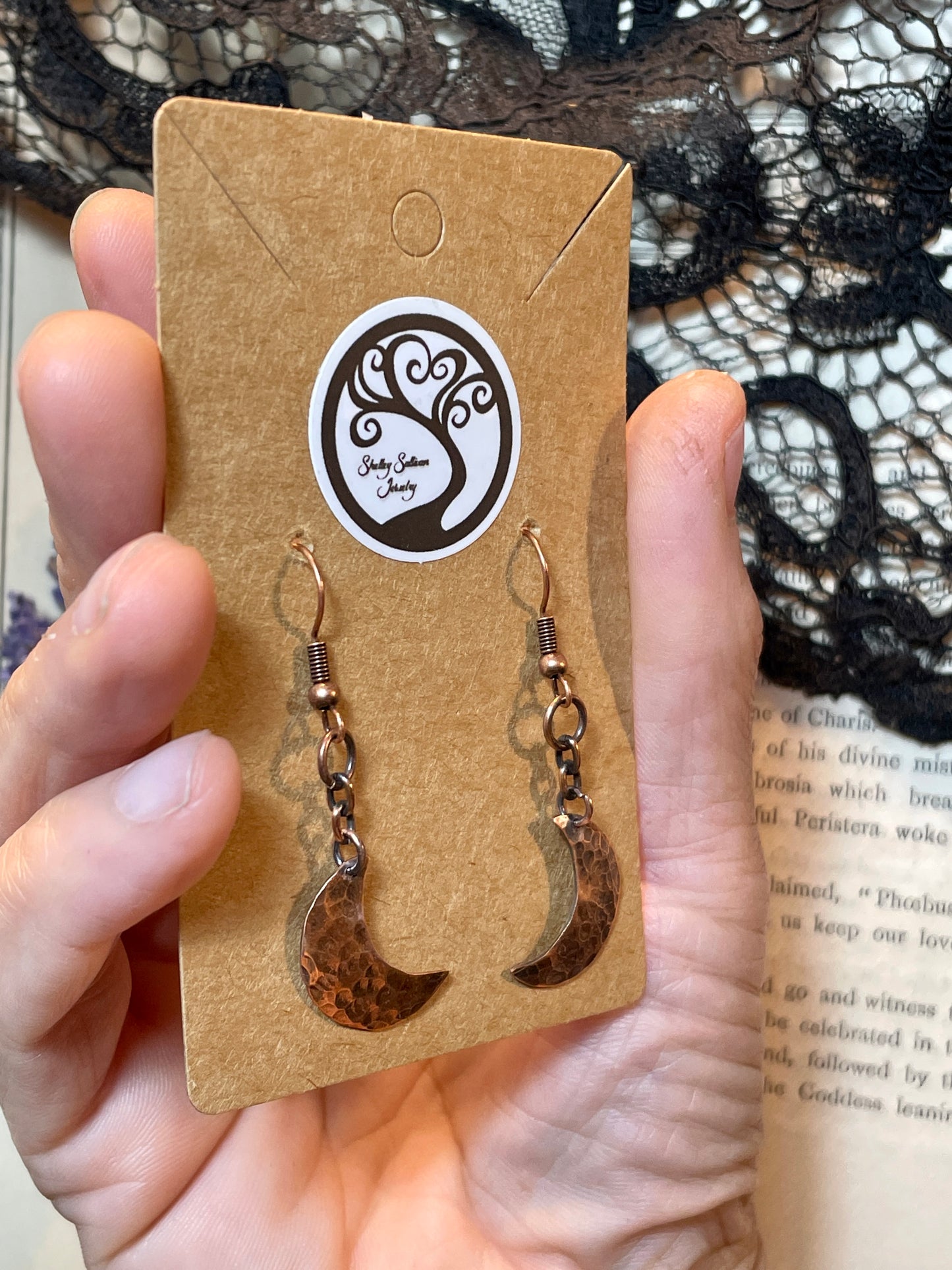 Crescent Moon Earrings in Antiqued Copper