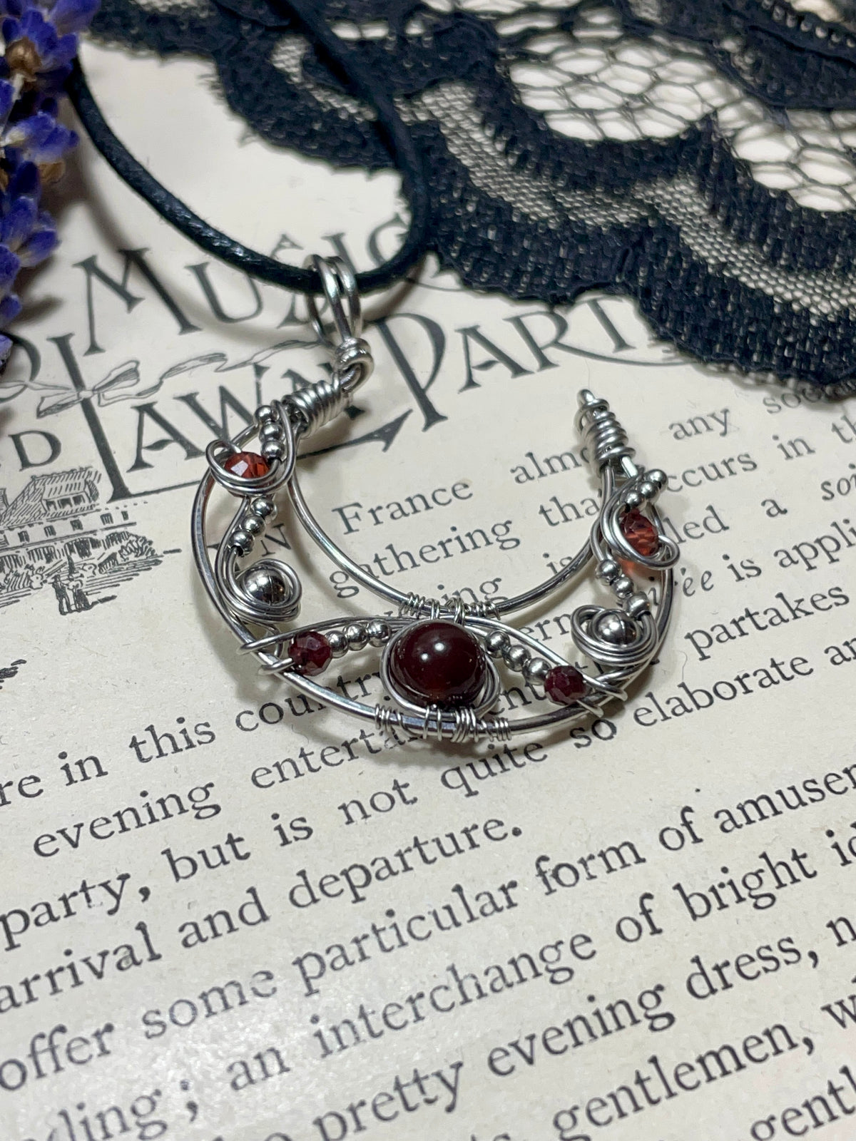 Garnet Crescent Moon Pendant in Stainless Steel