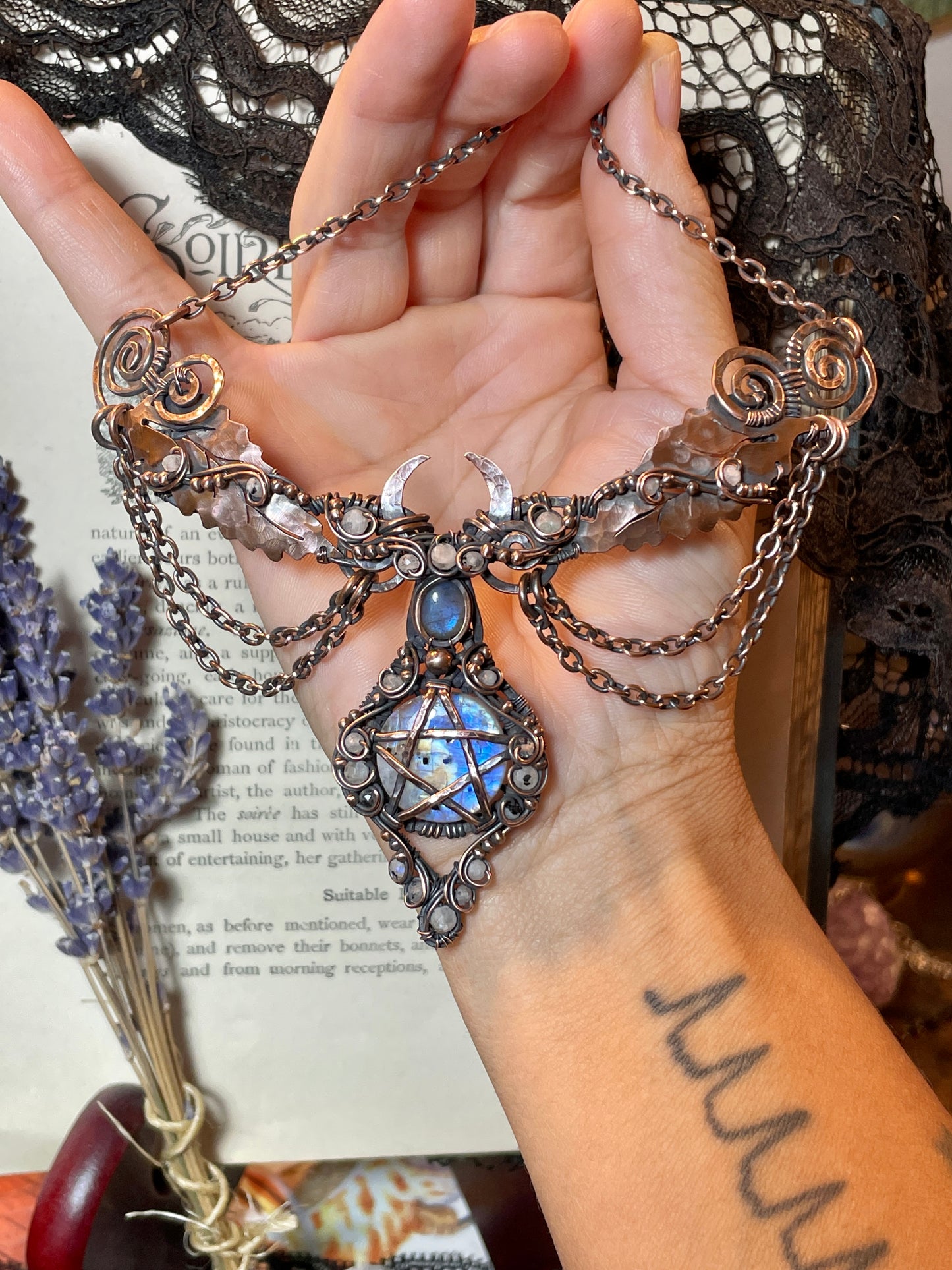 Moonstone (Rainbow Moonstone) Pentacle Collar in Copper