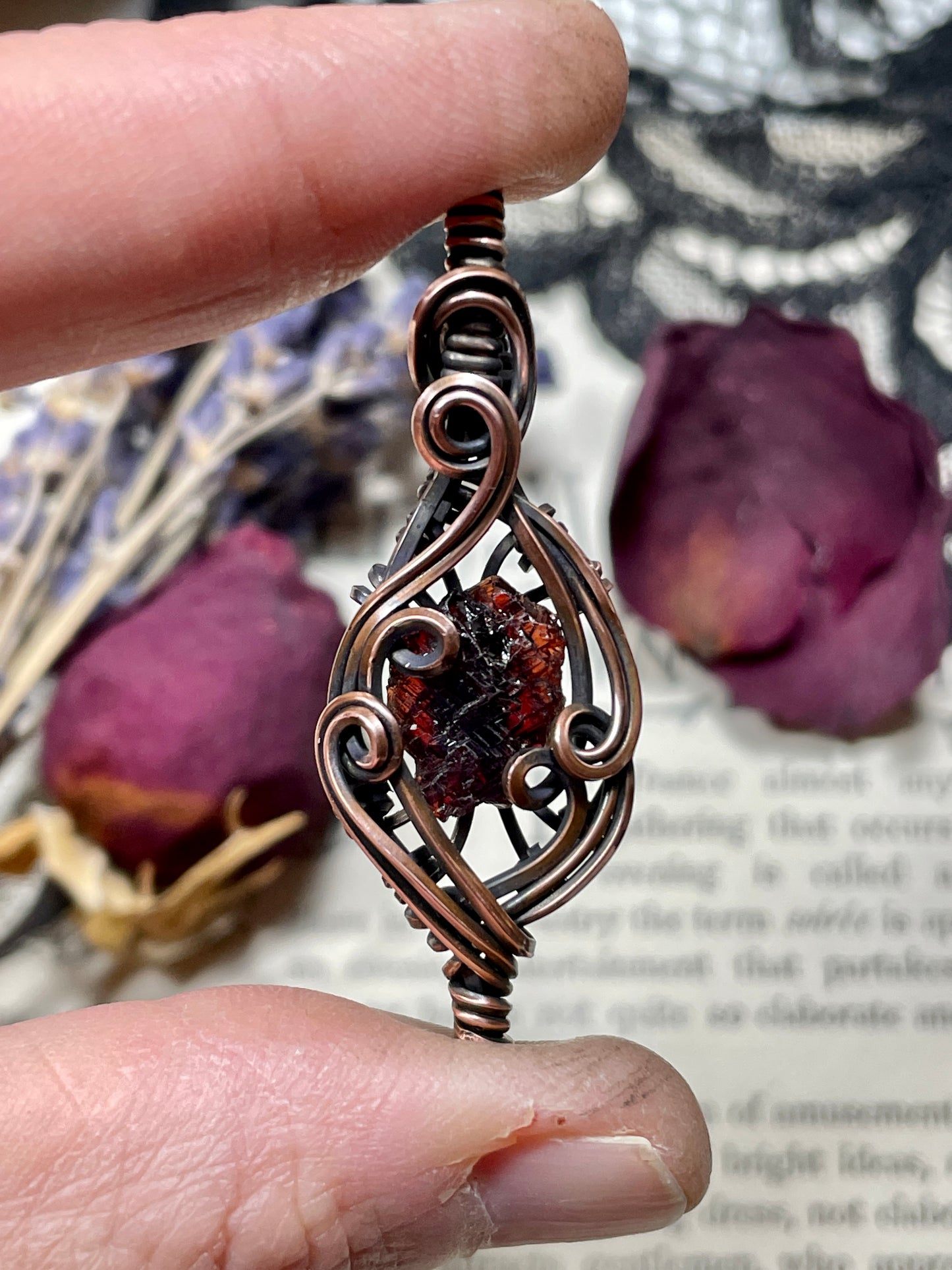 Garnet (Natural Raw Etched Spessartine Garnet) Pendant in Copper