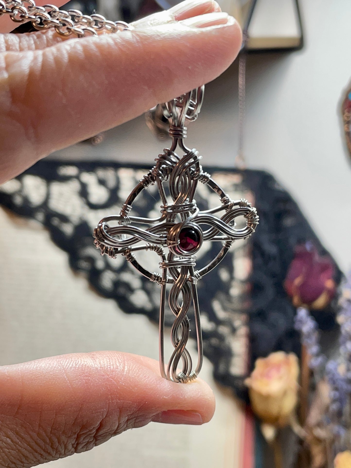 Garnet Celtic Cross Pendant in Stainless Steel