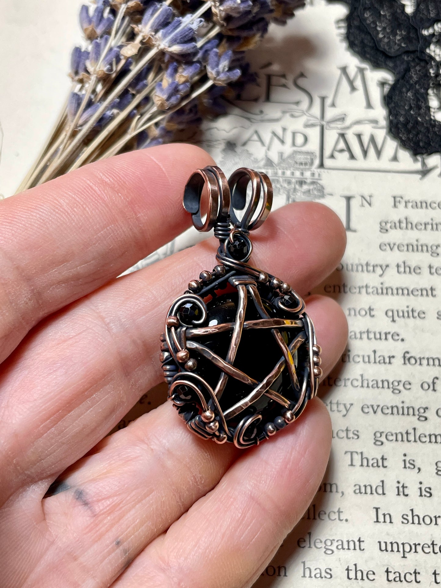 Onyx and Spinel Pentacle Pendant in Copper