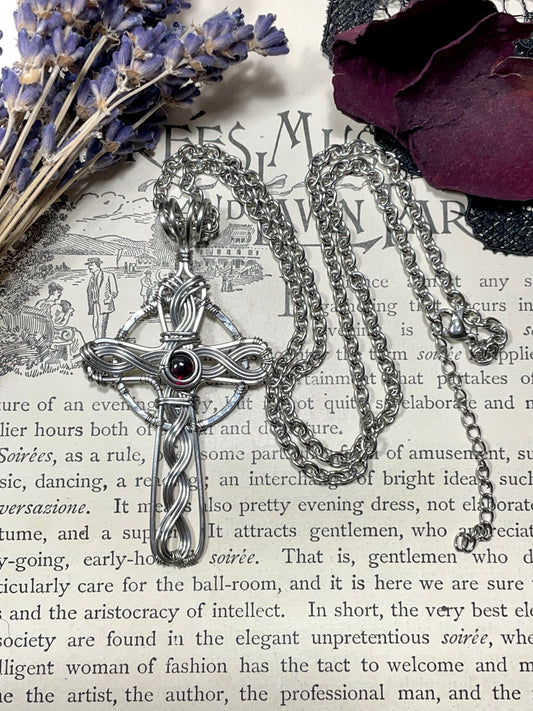 Garnet Celtic Cross Pendant in Stainless Steel
