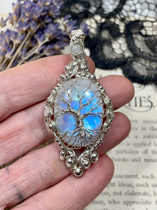 Moonstone (Rainbow Moonstone) Tree of Life Pendant in Sterling Silver