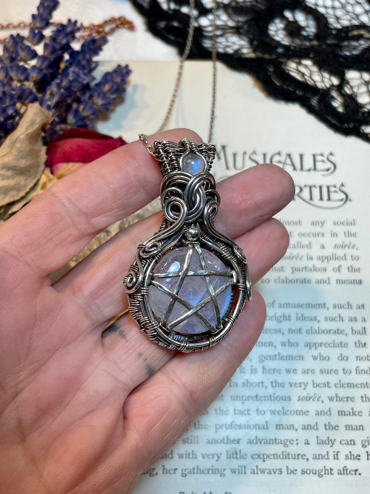 Moonstone (Rainbow Moonstone) Pentacle Pendant in Sterling Silver