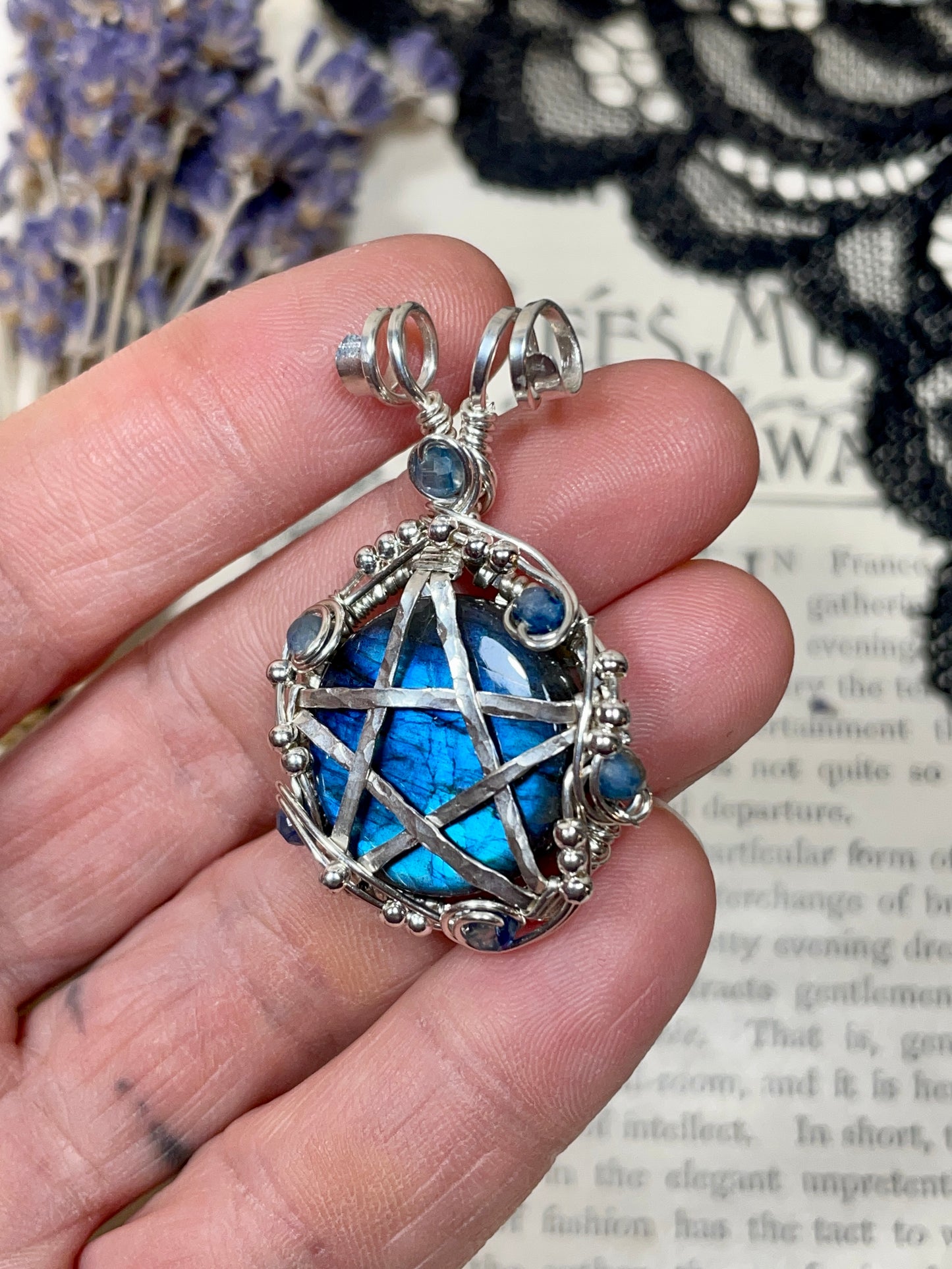 Labradorite and Kyanite Pentacle Pendant in Sterling Silver