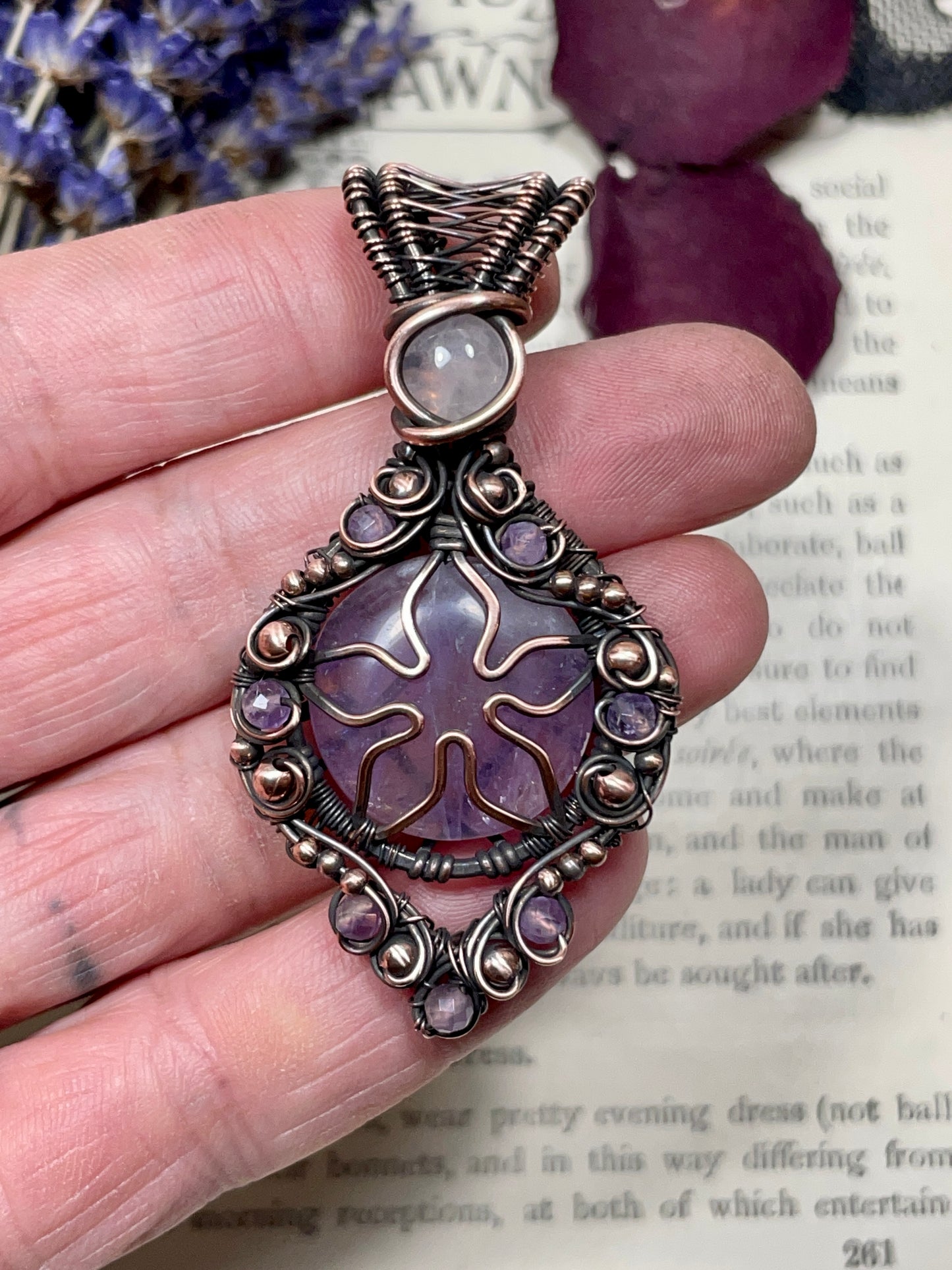 Amethyst Quartz Flower Pendant in Copper