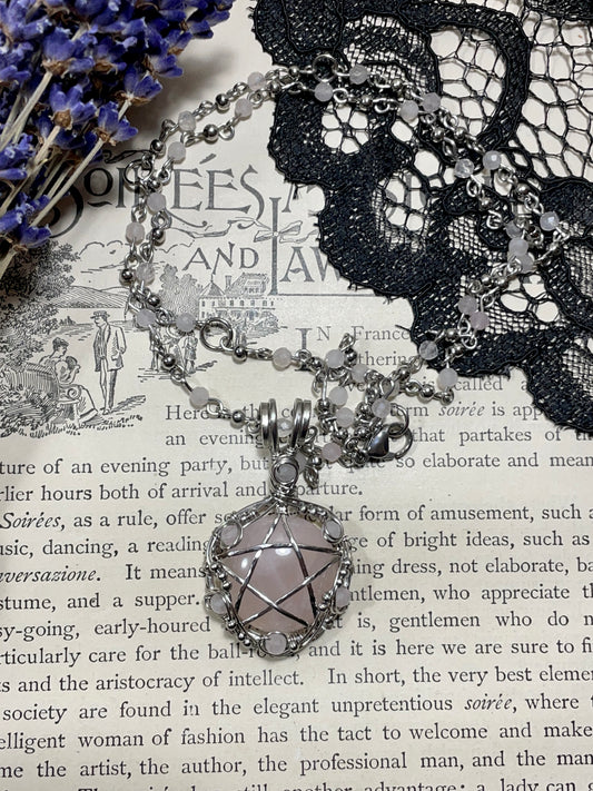 Rose Quartz Pentacle Pendant in Stainless Steel