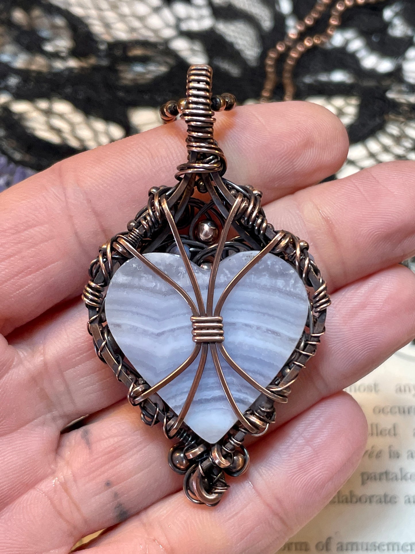 Blue Lace Agate Heart Pendant in Copper