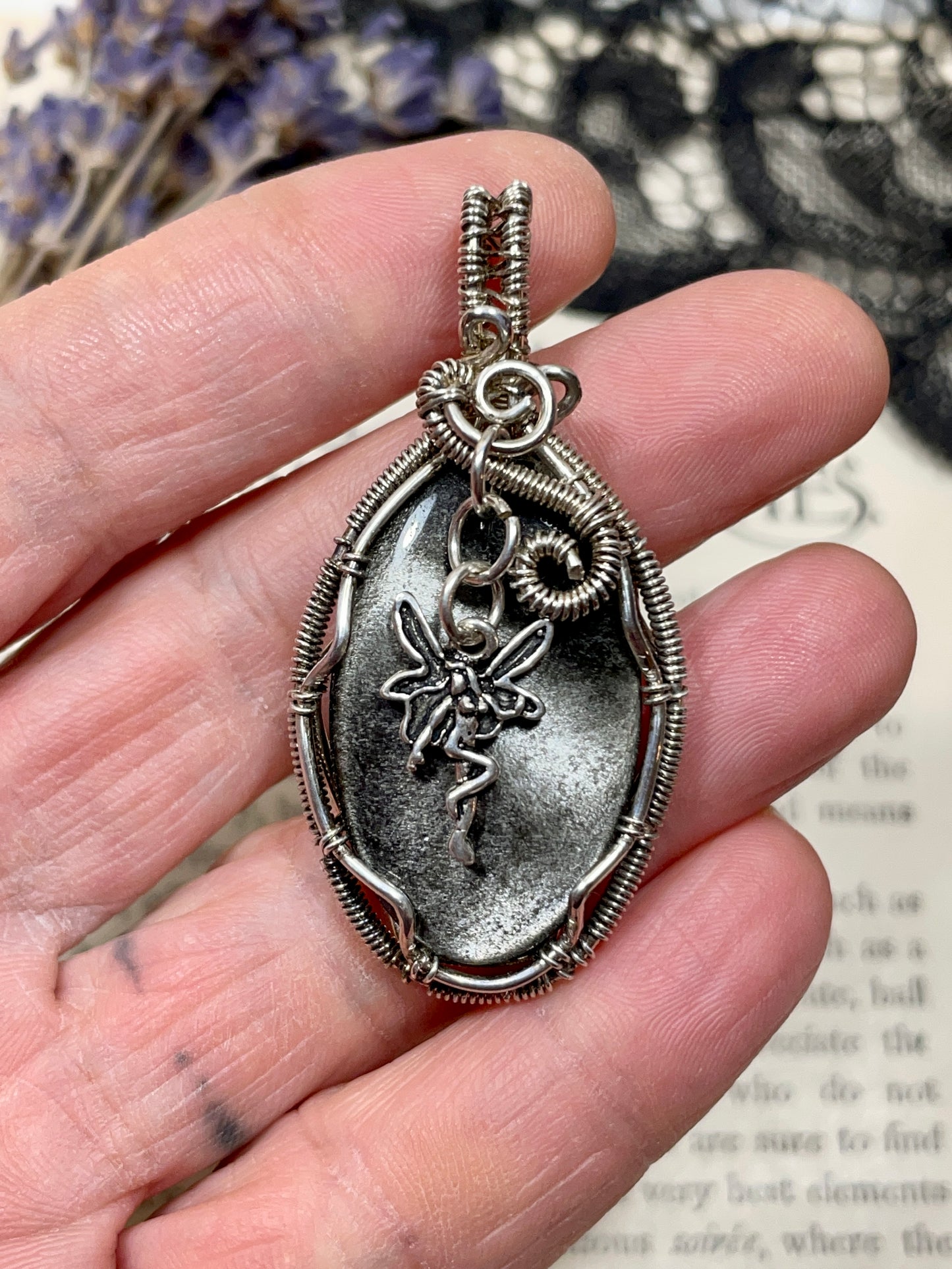 Obsidian (Silver Sheen Obsidian) Fairy Pendant in Sterling Silver