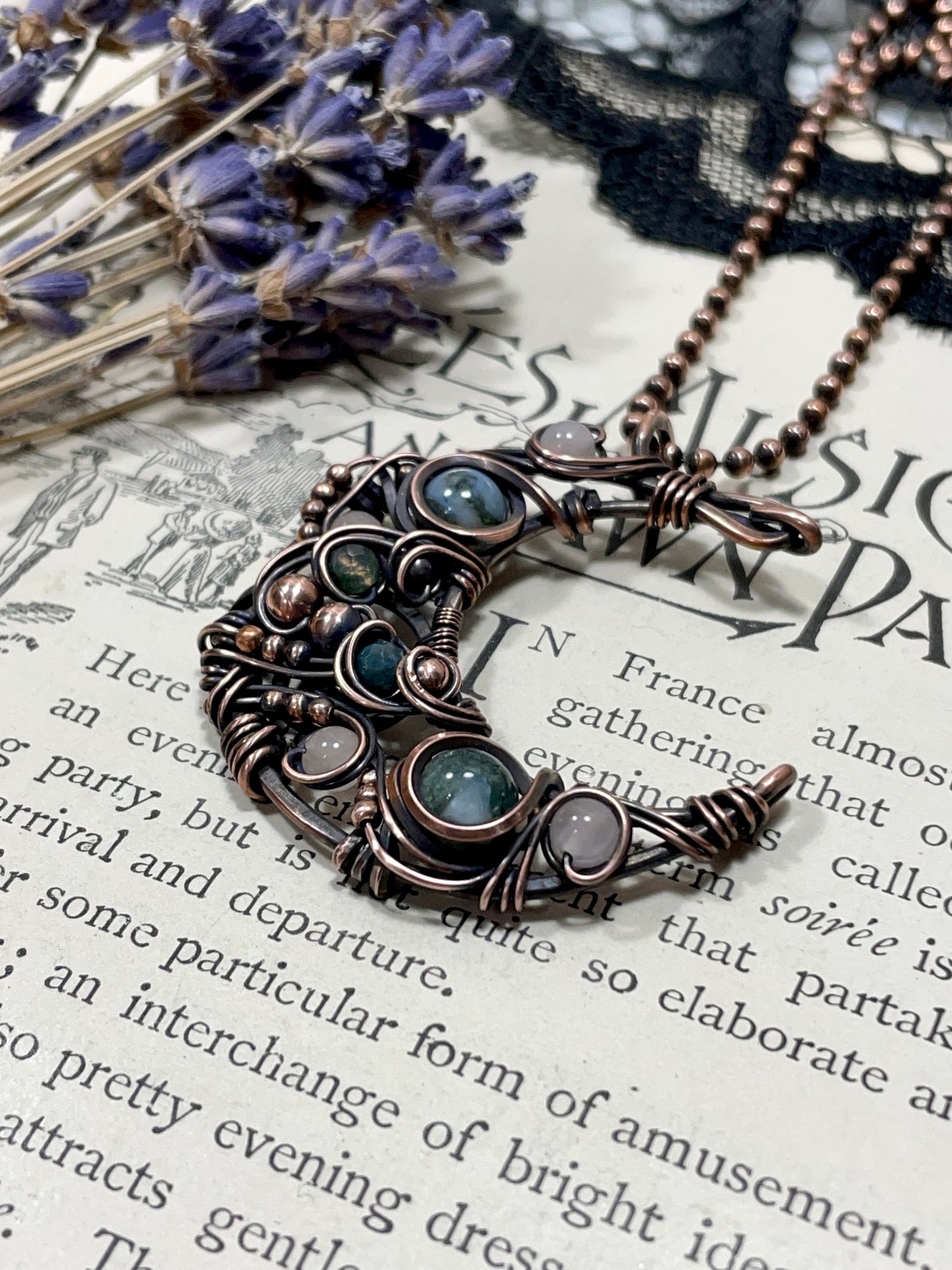 Moss Agate & Rose Quartz Crescent Moon Pendant in Copper