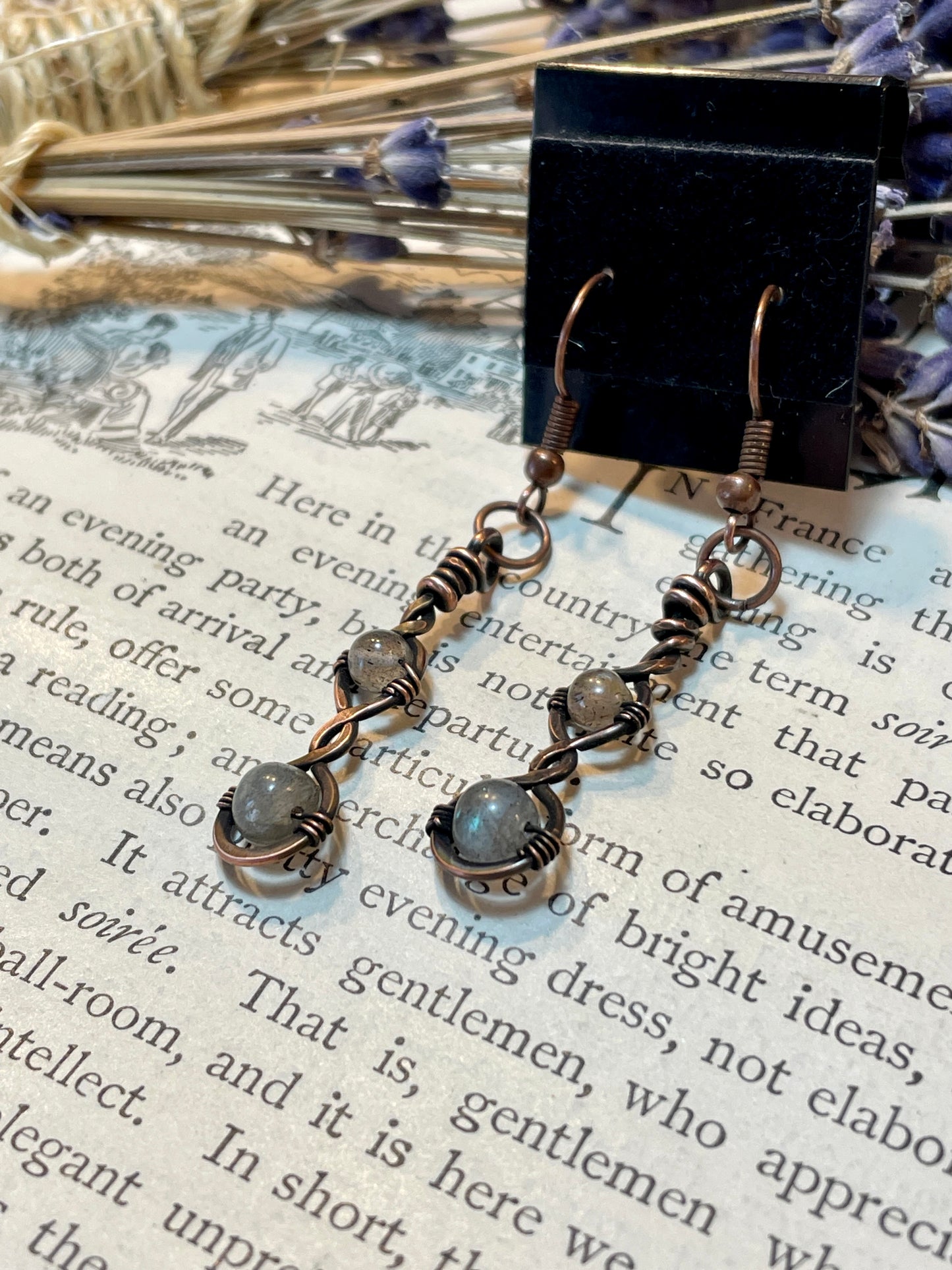 Labradorite Earrings in hammered copper