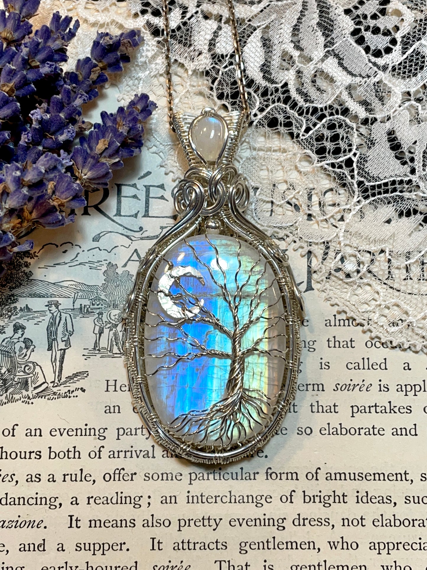 Moonstone (Rainbow Moonstone) Tree of Life Amulet in Sterling Silver