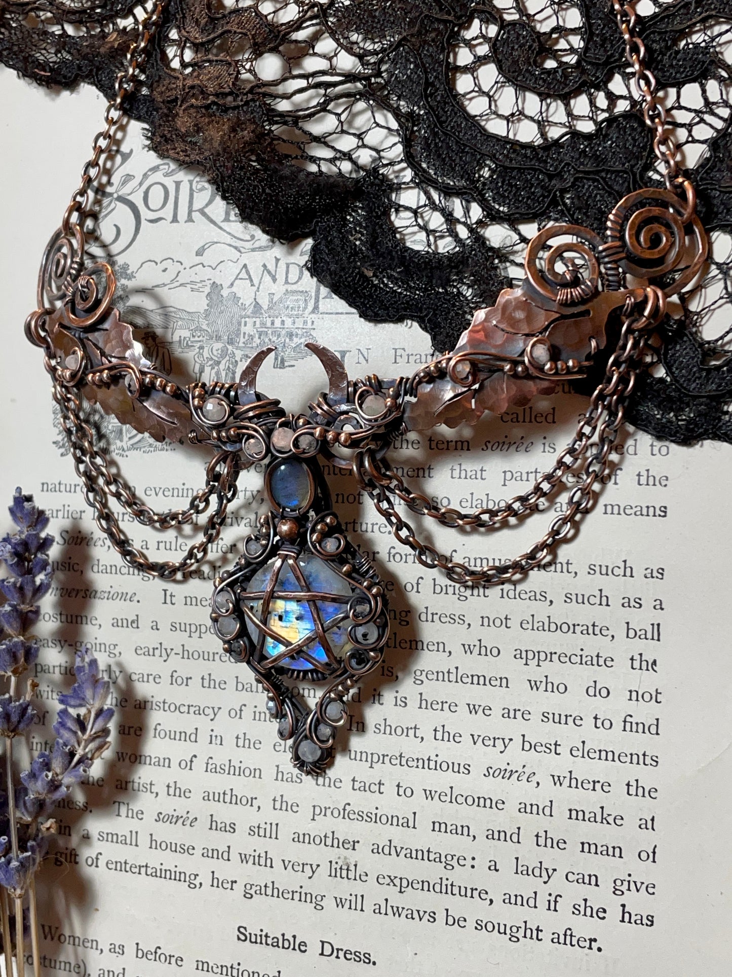 Moonstone (Rainbow Moonstone) Pentacle Collar in Copper