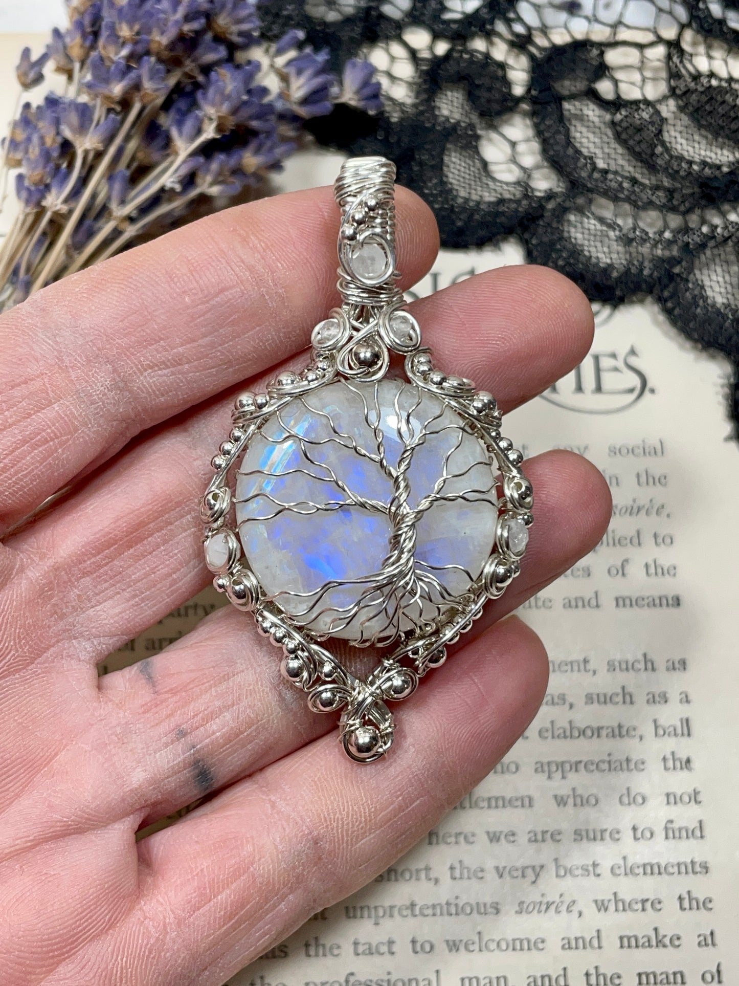 Moonstone (Rainbow Moonstone) Tree of Life Pendant in Sterling Silver