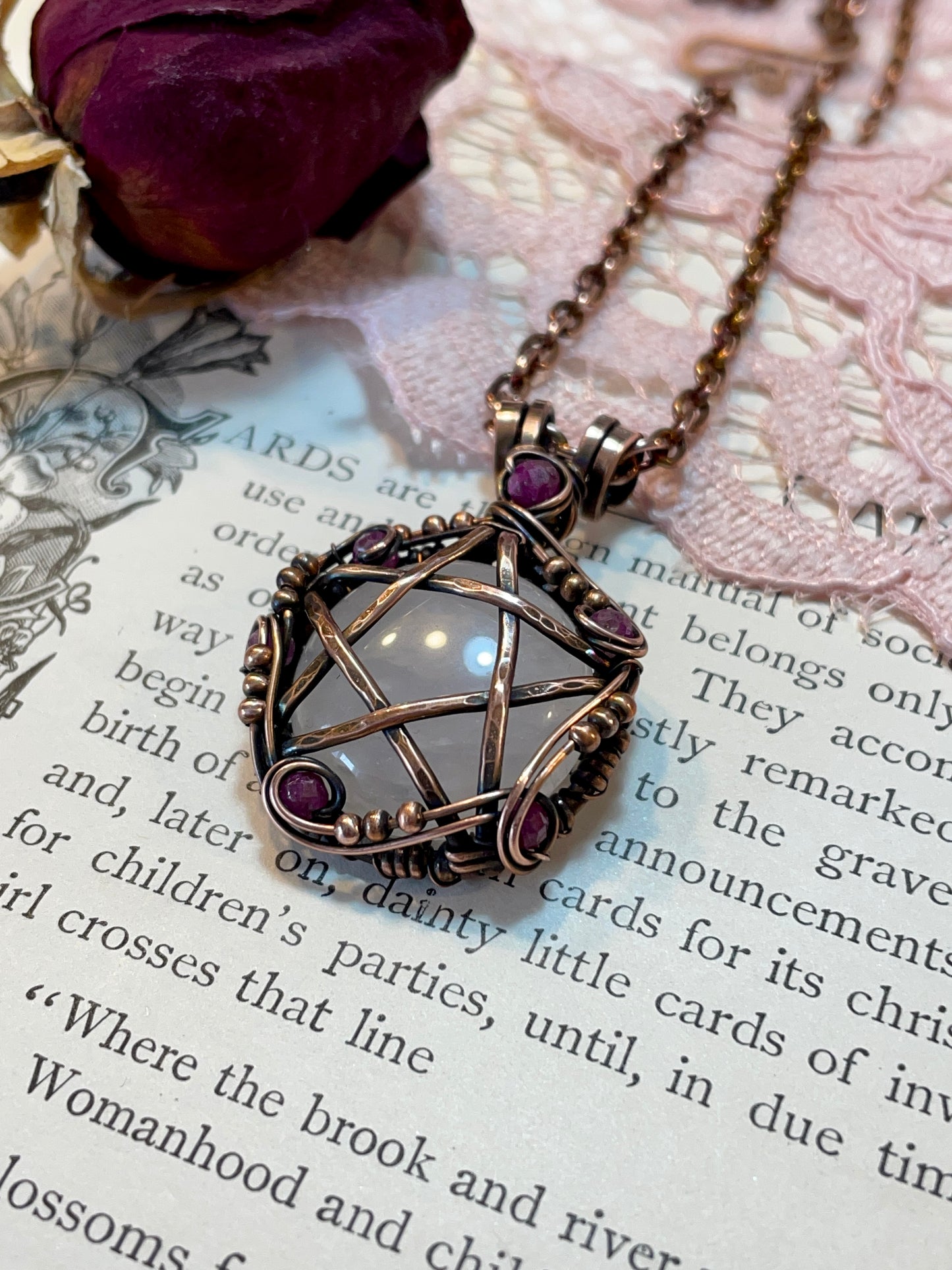 Rose Quartz and Ruby Pentacle Pendant in Copper #2