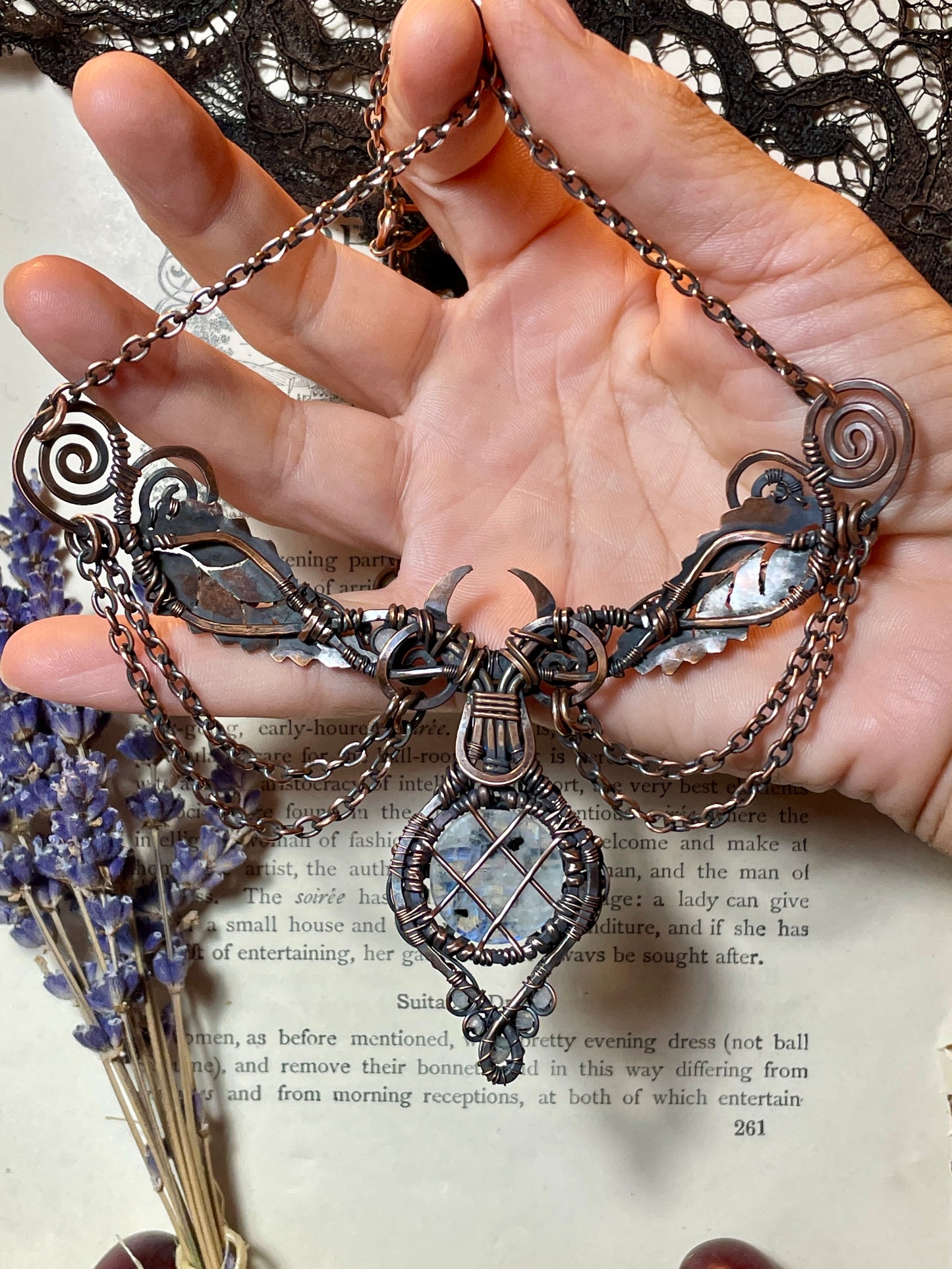 Moonstone (Rainbow Moonstone) Pentacle Collar in Copper