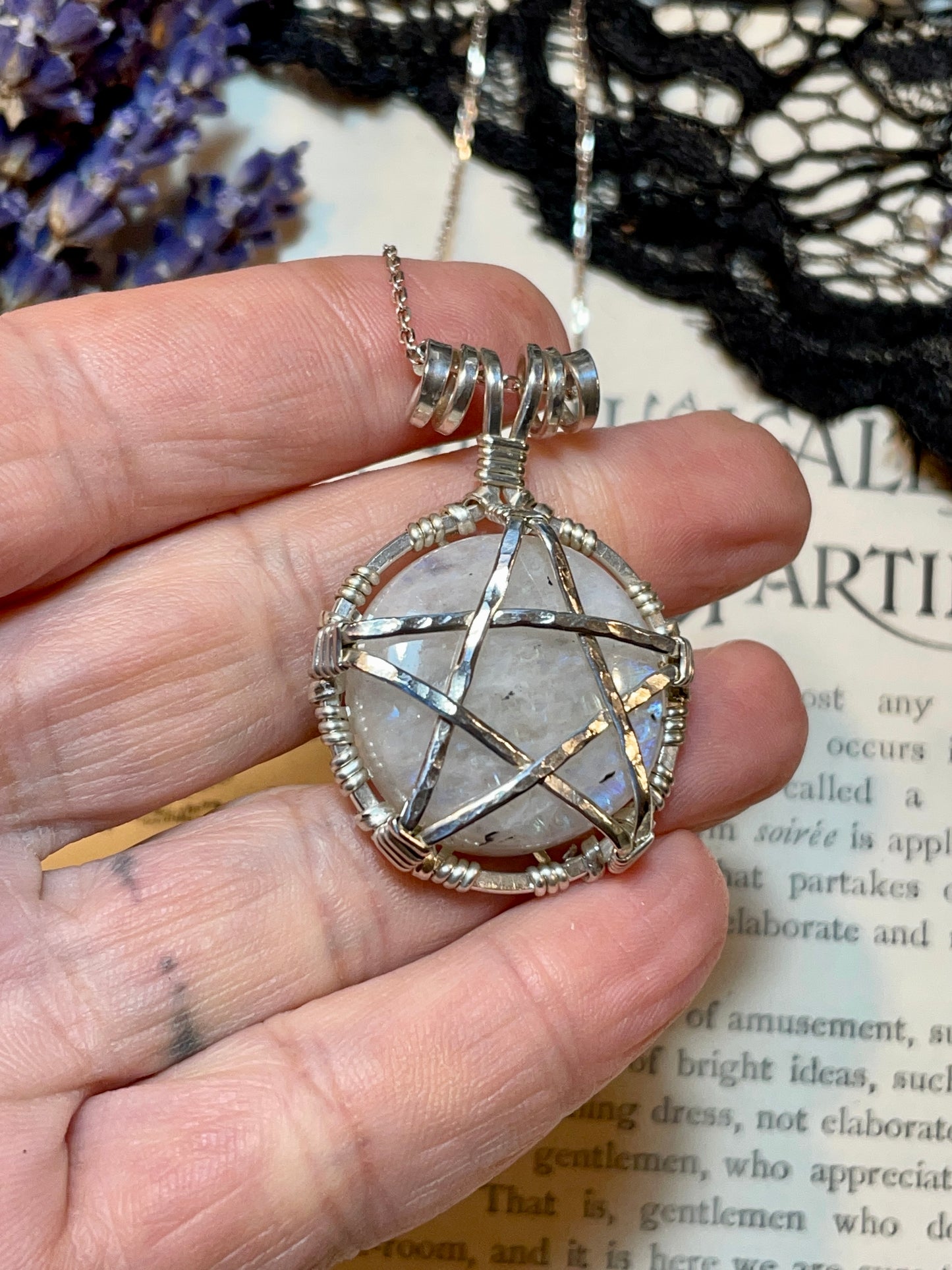 Moonstone (Rainbow Moonstone) Pentacle Pendant in Sterling Silver