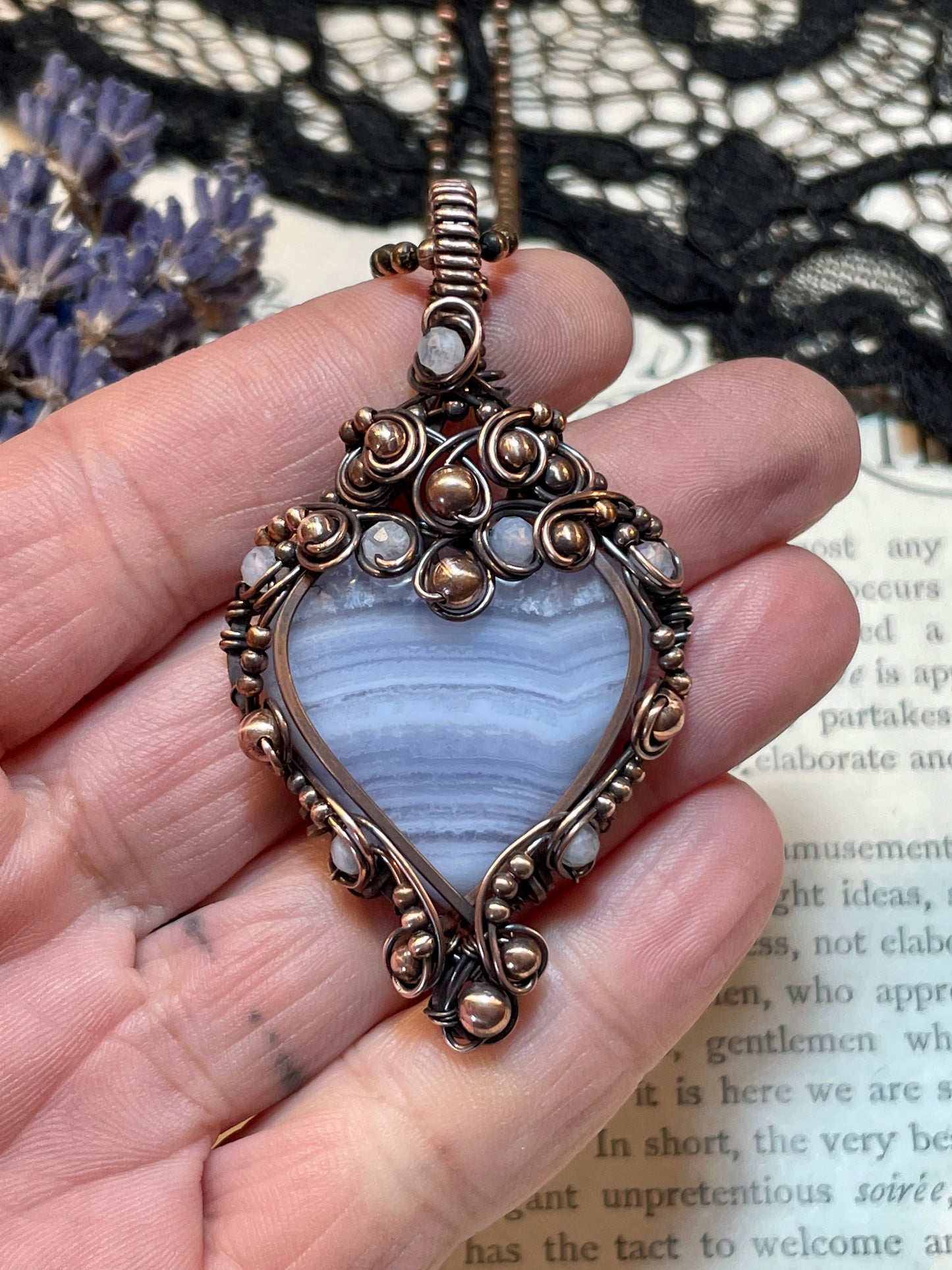 Blue Lace Agate Heart Pendant in Copper