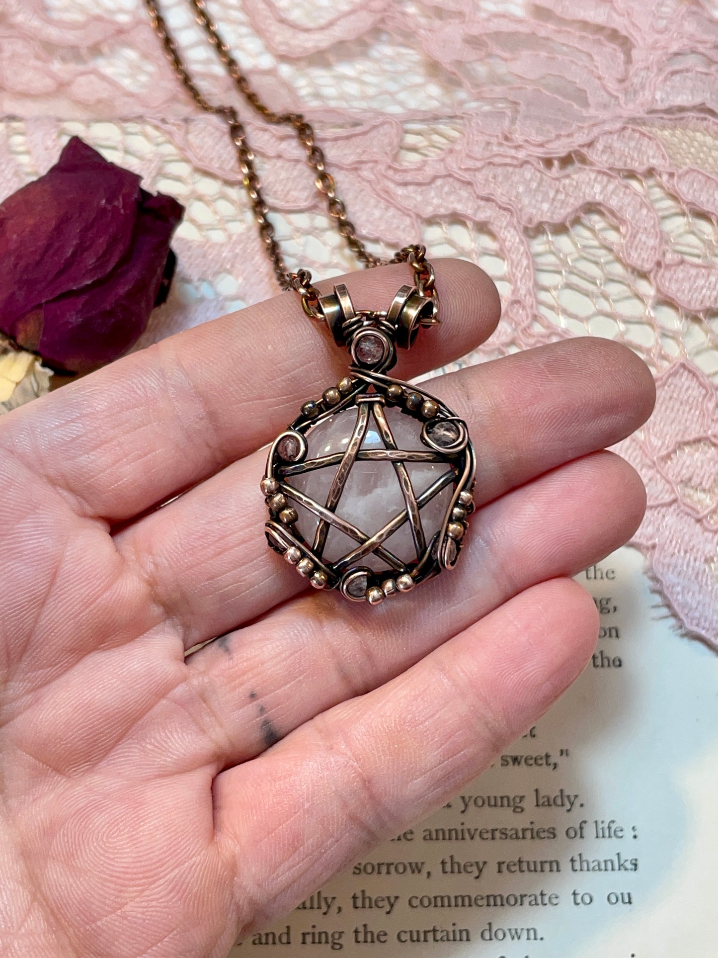 Rose Quartz and Strawberry Quartz Pentacle Pendant in Copper