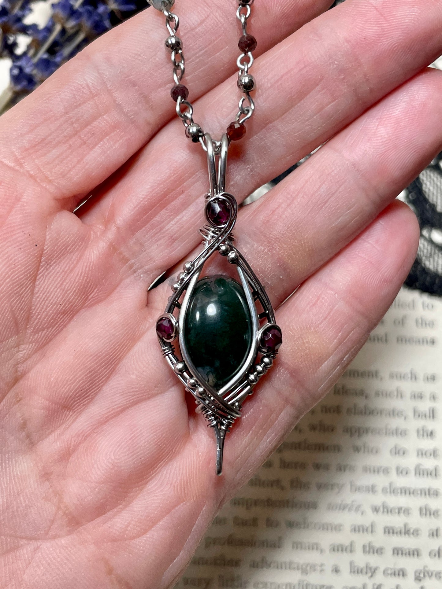 Moss Agate and Garnet Pendant in Stainless Steel