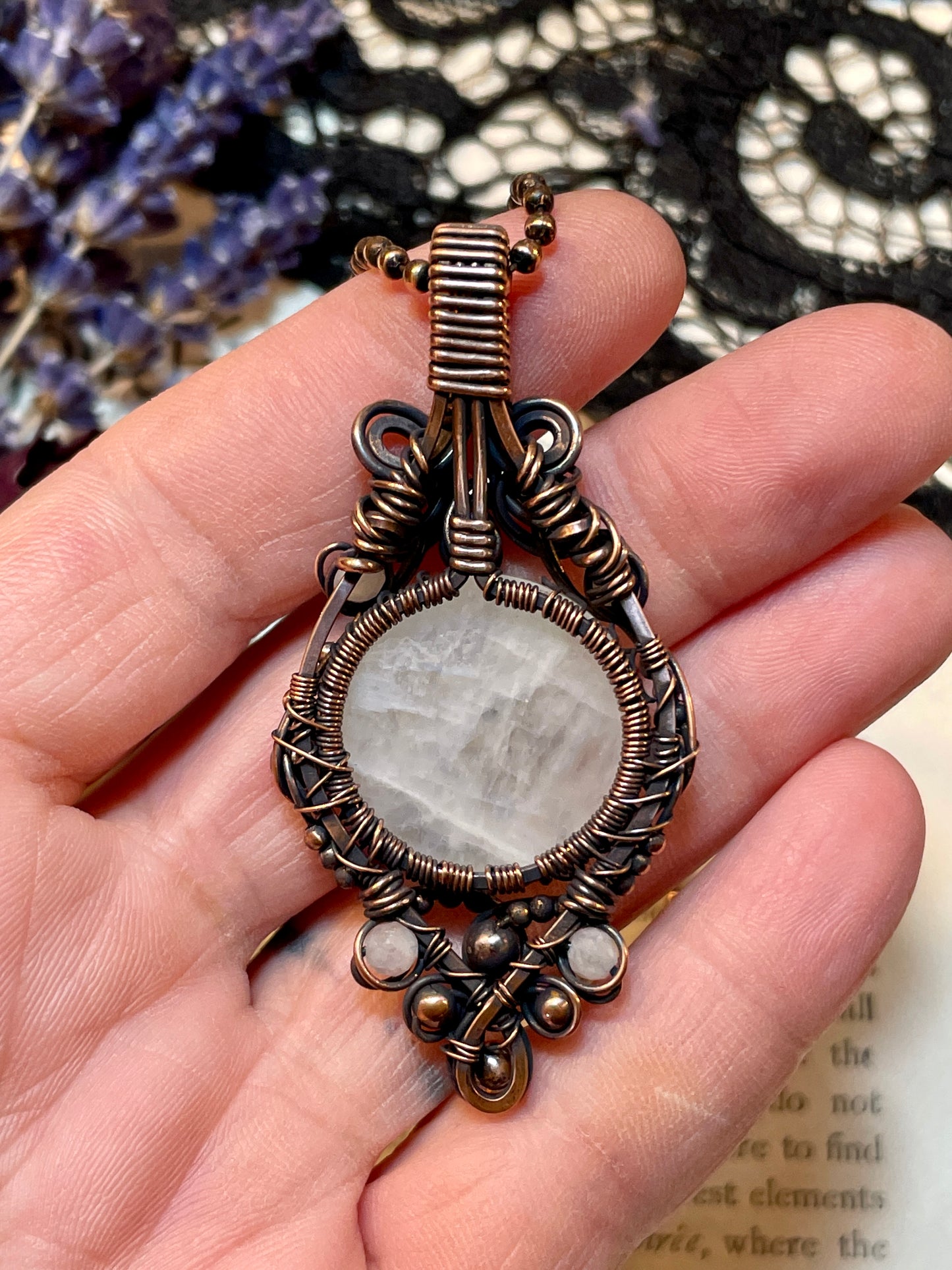 Rainbow Moonstone Tree of Life Amulet in Copper